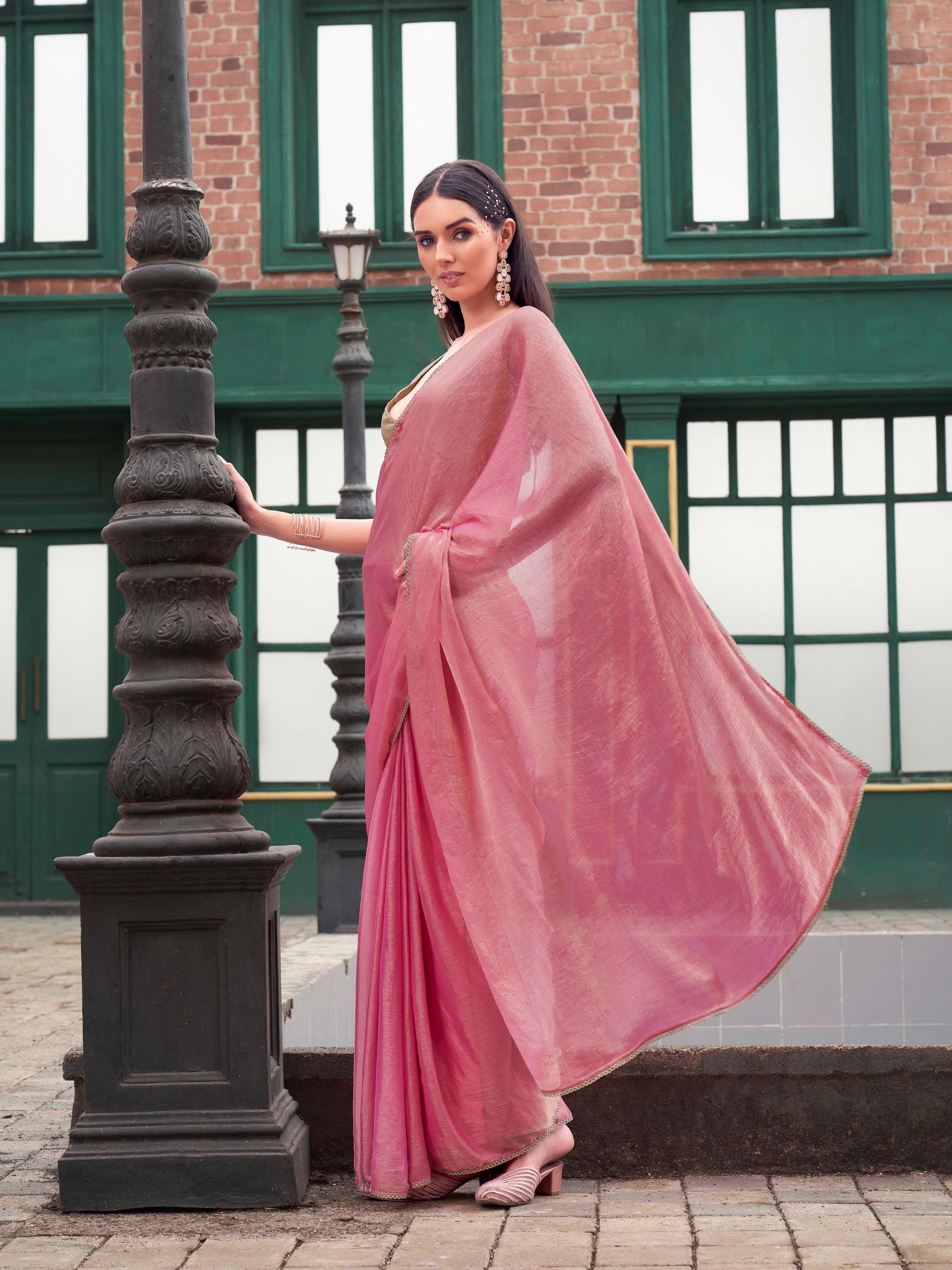 Ready to wear pink and gold colored two tone jimy chu saree with lycra blouse