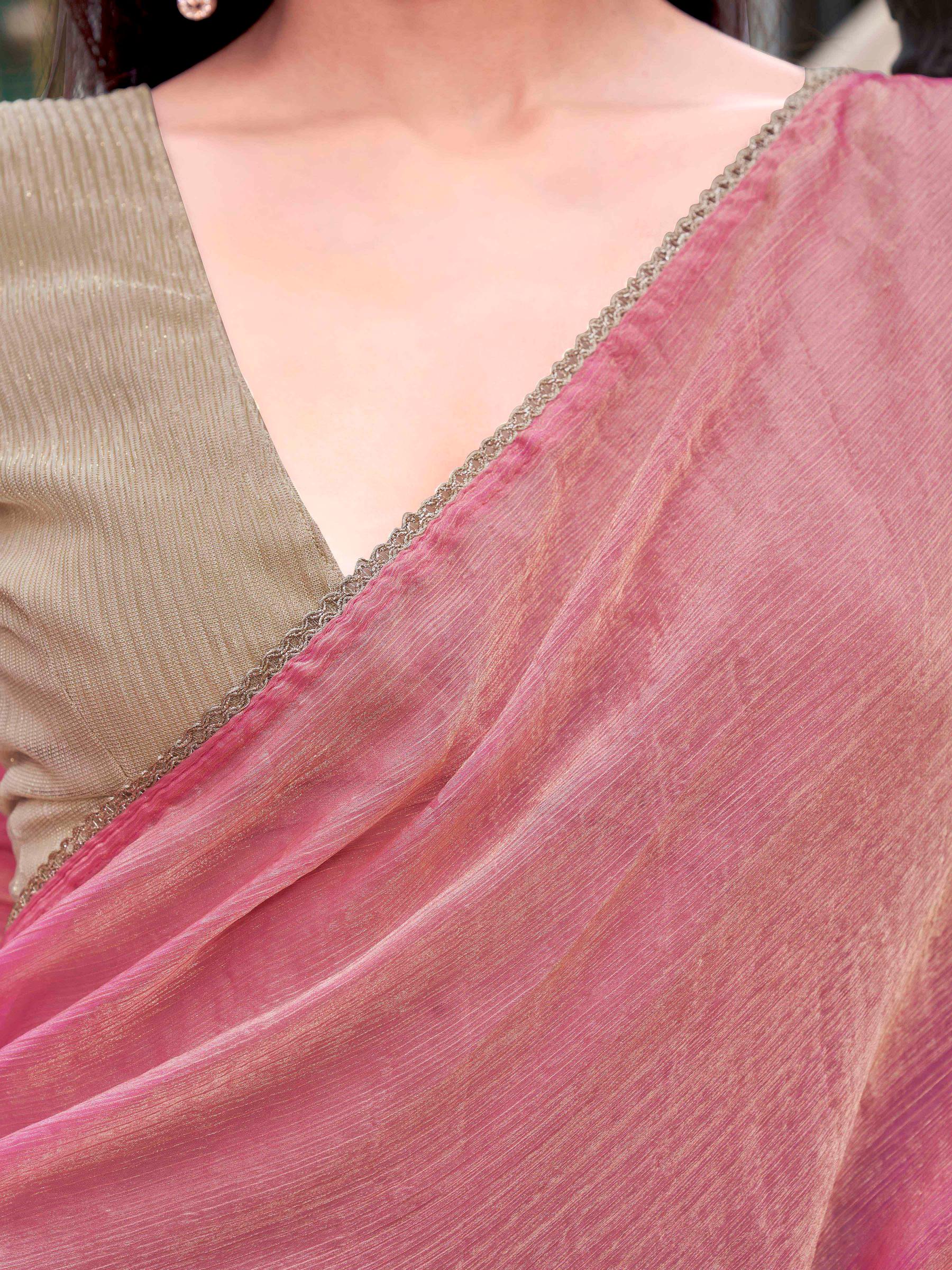 Ready to wear pink and gold colored two tone jimy chu saree with lycra blouse