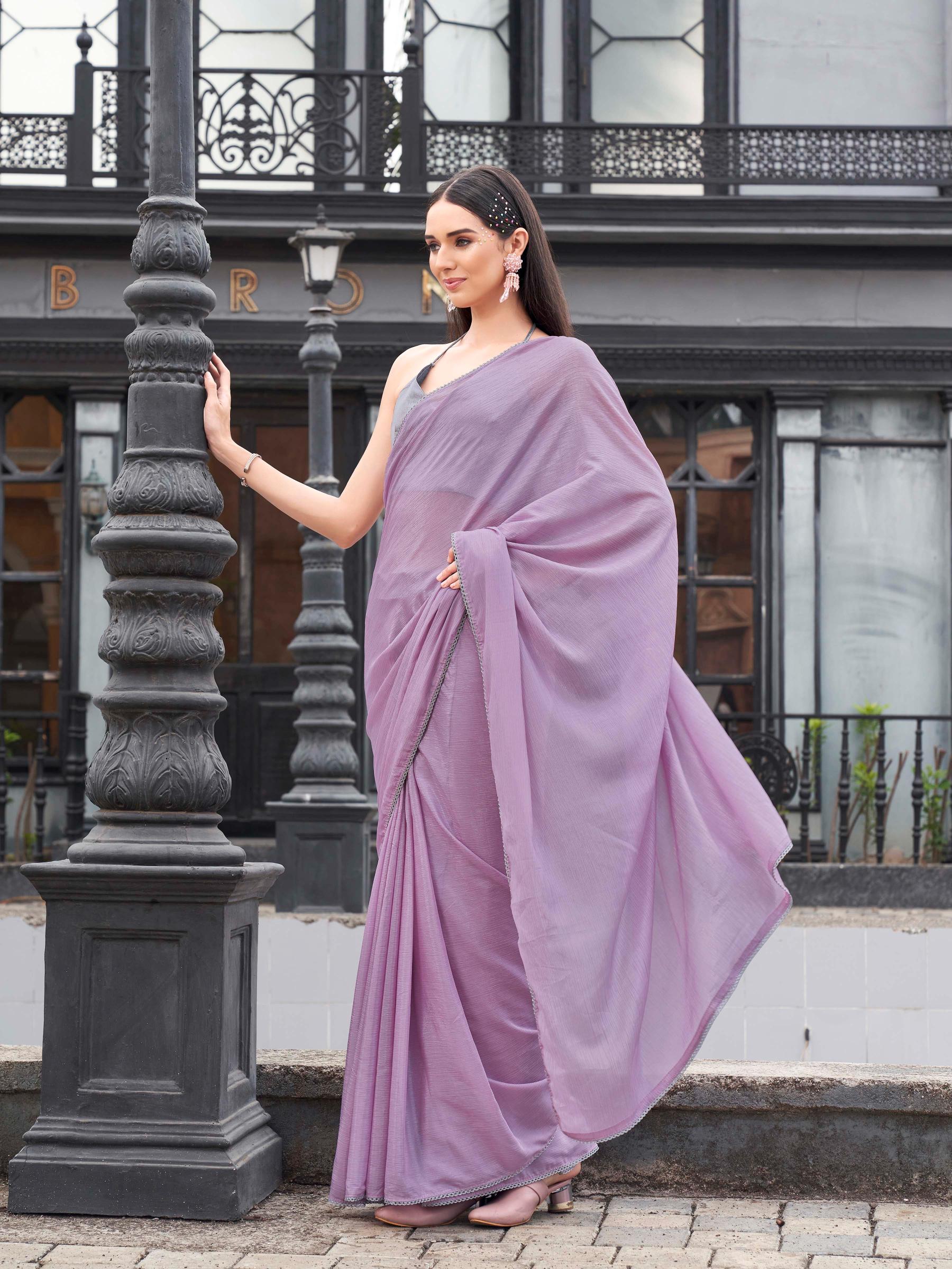 Ready to wear Mauve colored chinon saree with embellished border