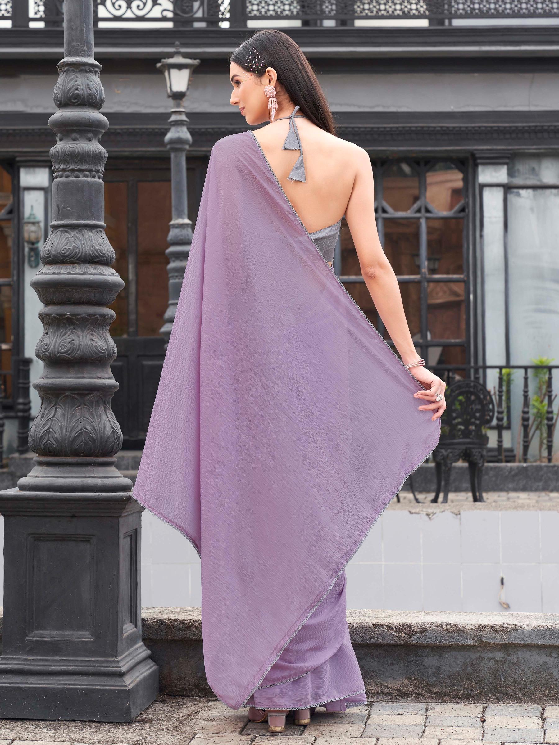 Ready to wear Mauve colored chinon saree with embellished border