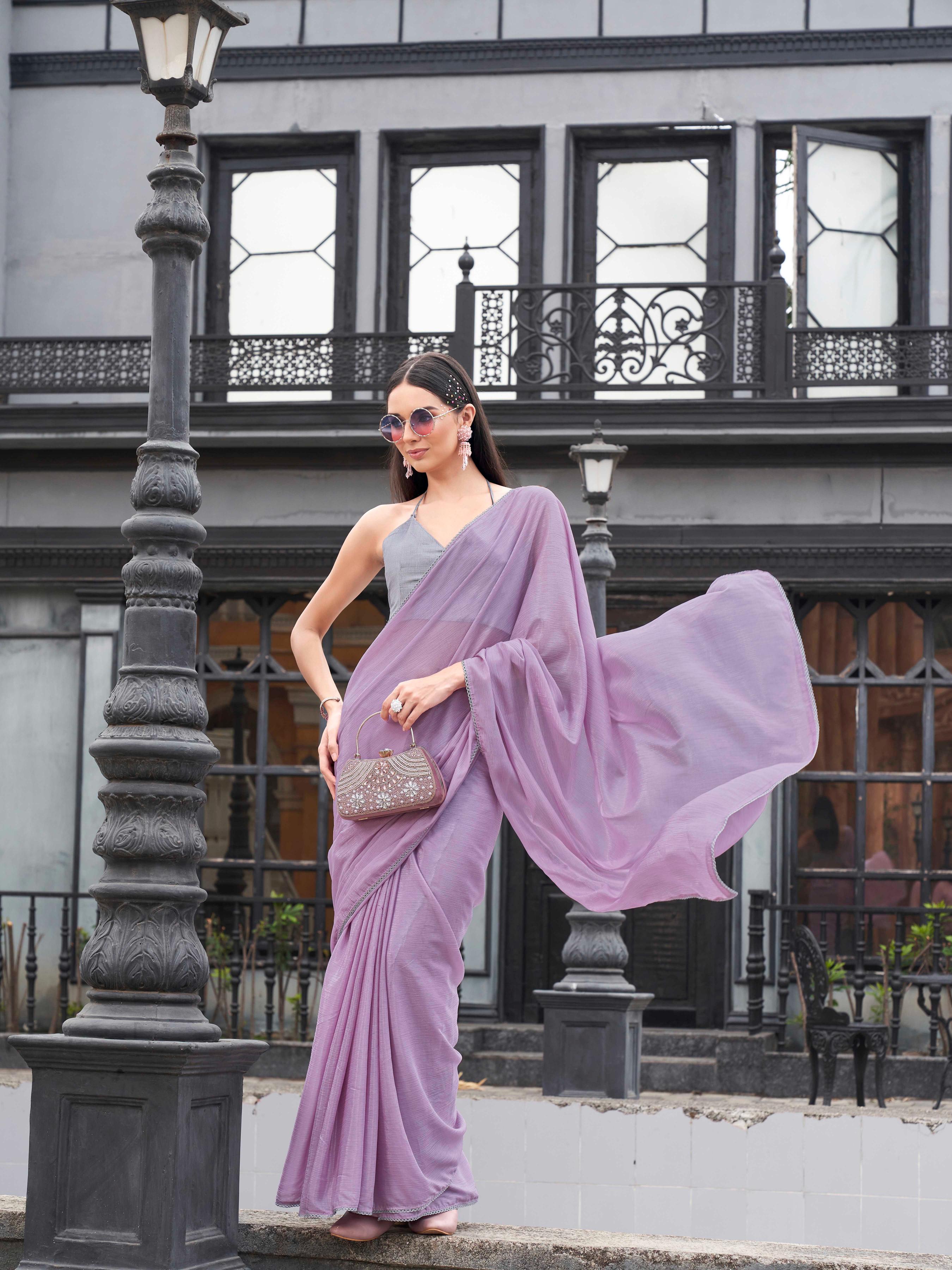 Ready to wear Mauve colored chinon saree with embellished border