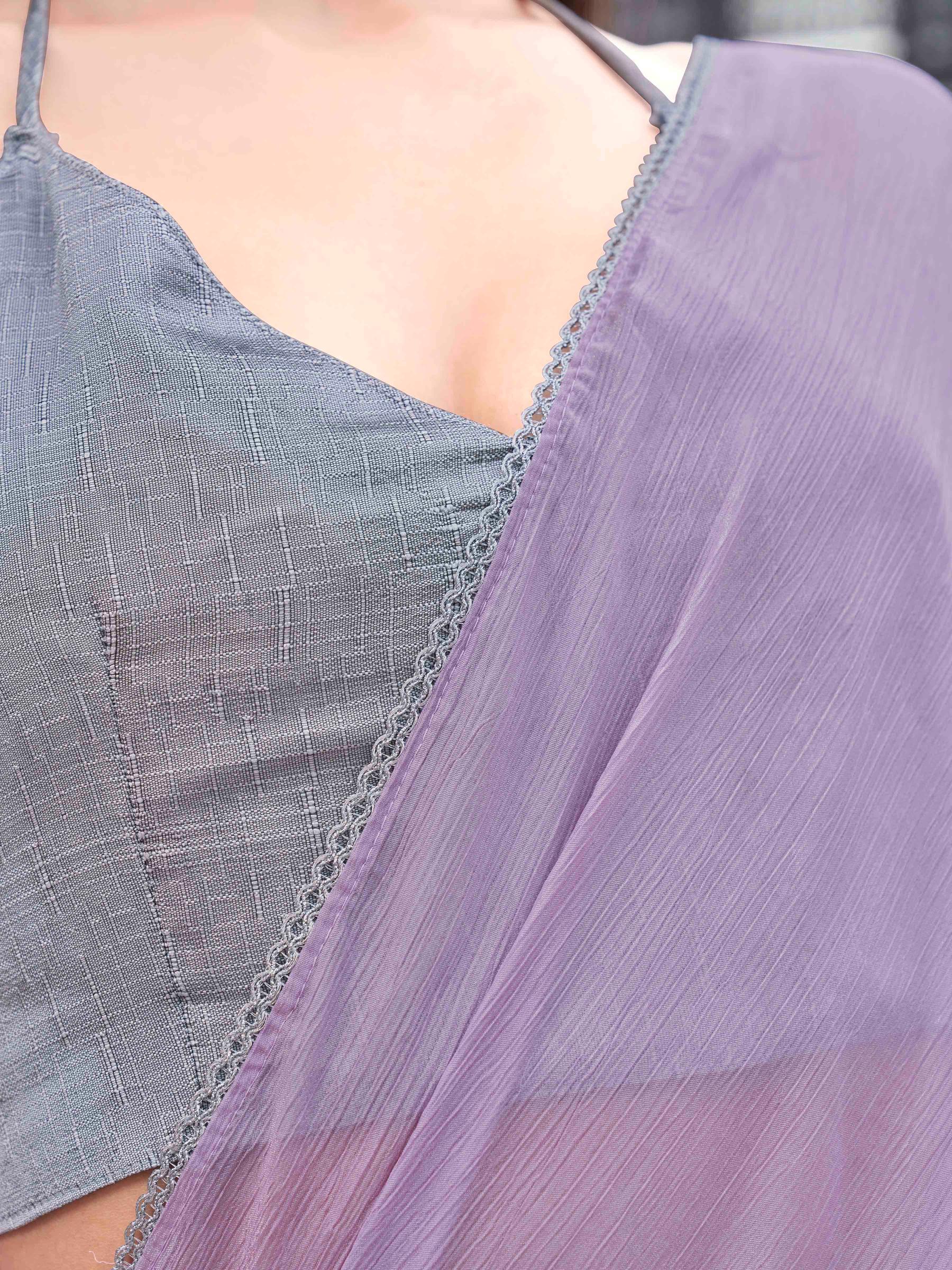 Ready to wear Mauve colored chinon saree with embellished border