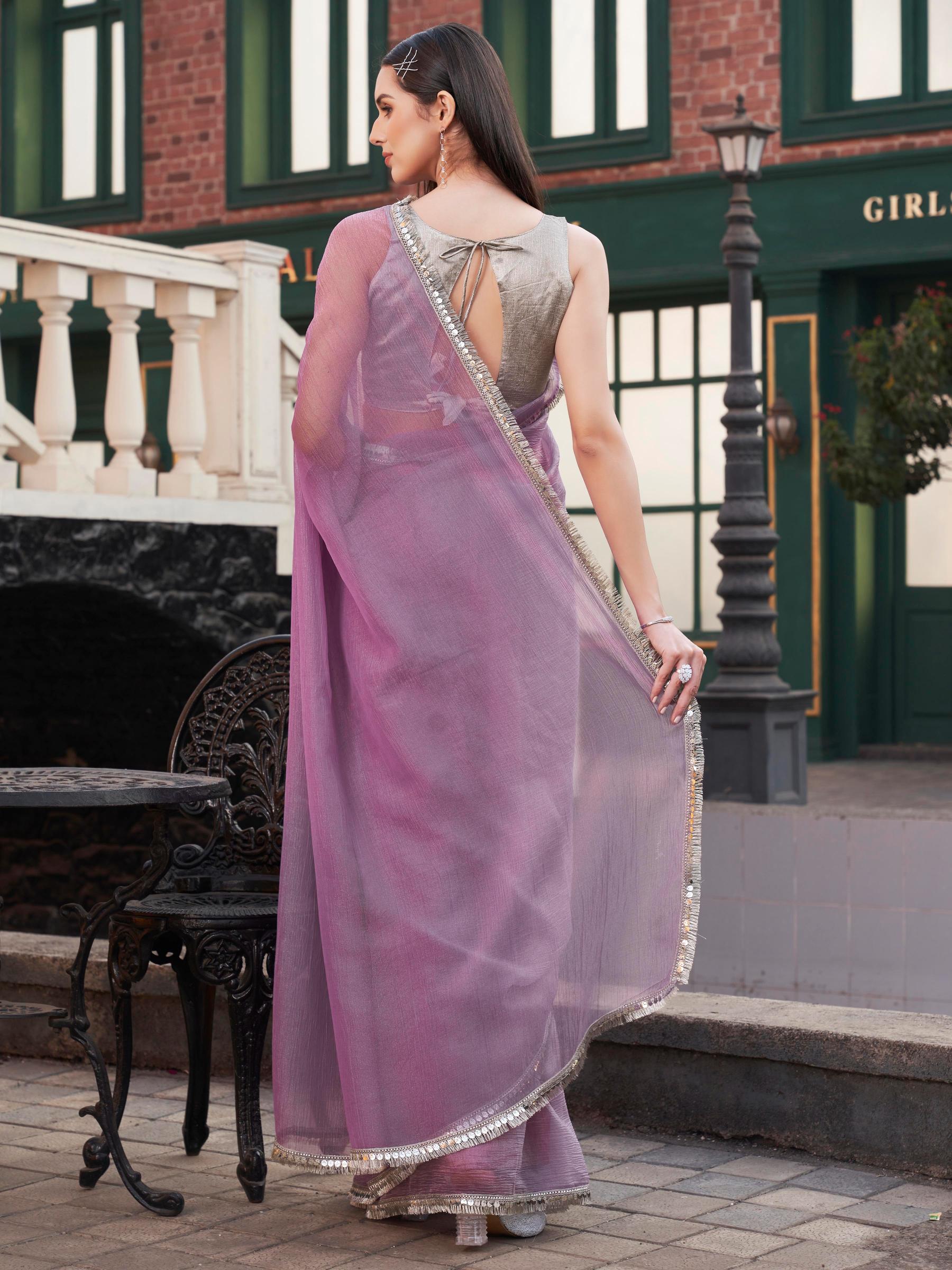 Lavendar colored chinon saree with embellished border