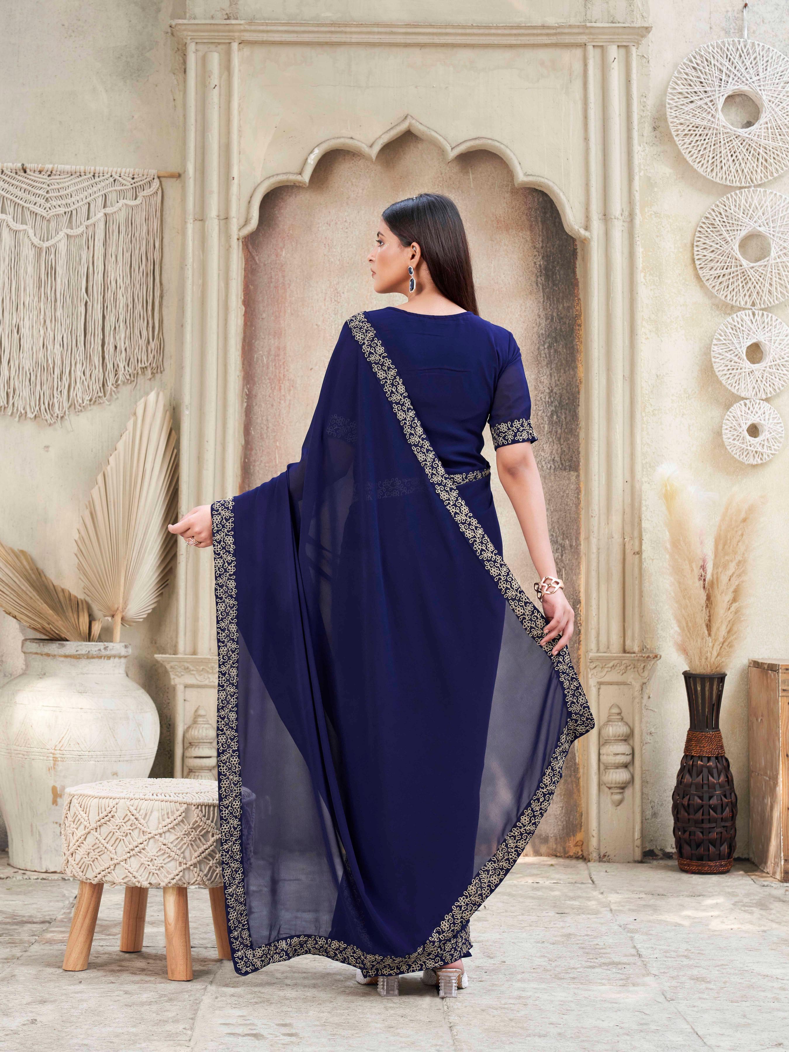 Ready to wear navy blue colored poly georgette gown saree with embroidery coding work