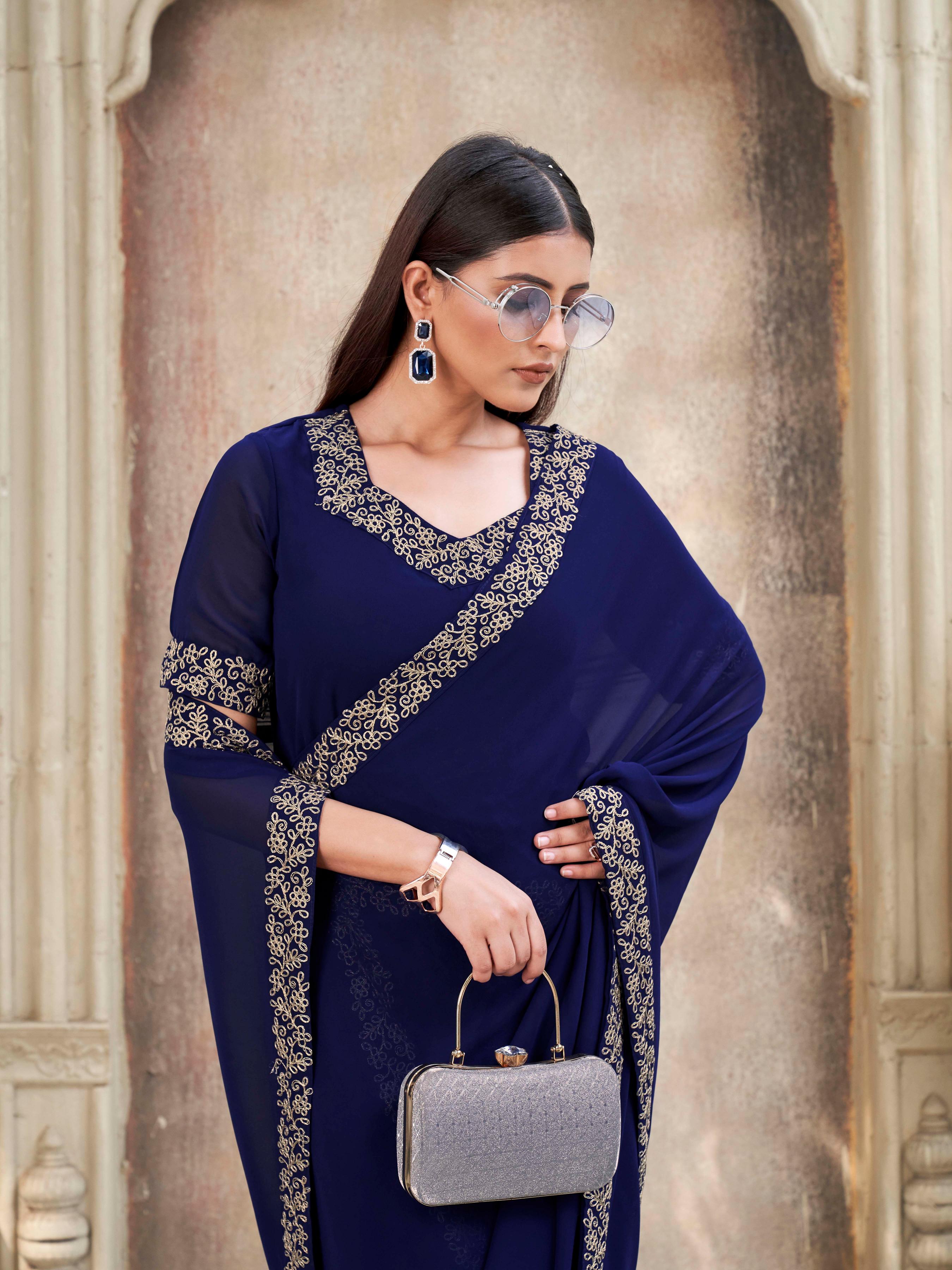 Ready to wear navy blue colored poly georgette gown saree with embroidery coding work