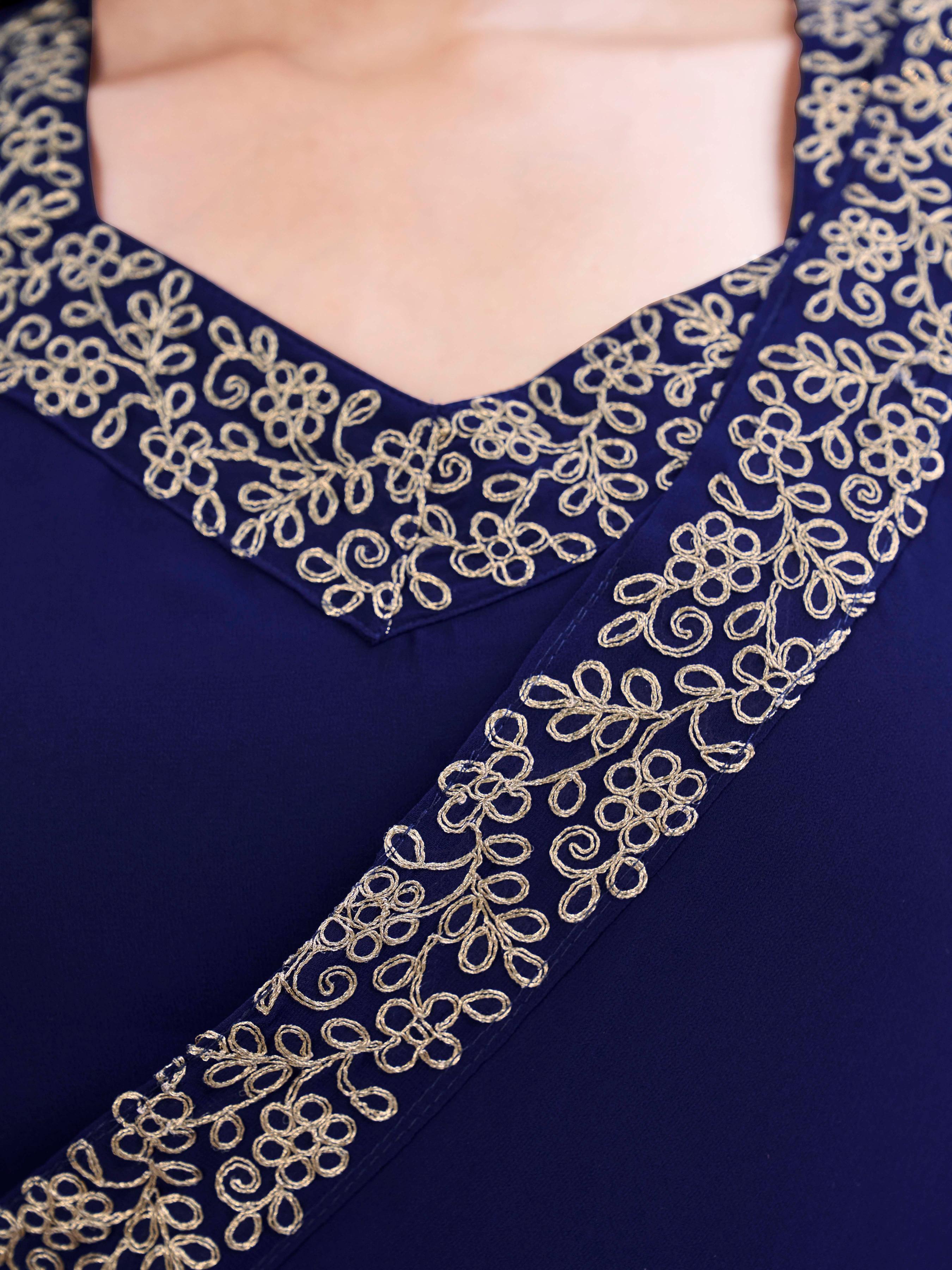 Ready to wear navy blue colored poly georgette gown saree with embroidery coding work