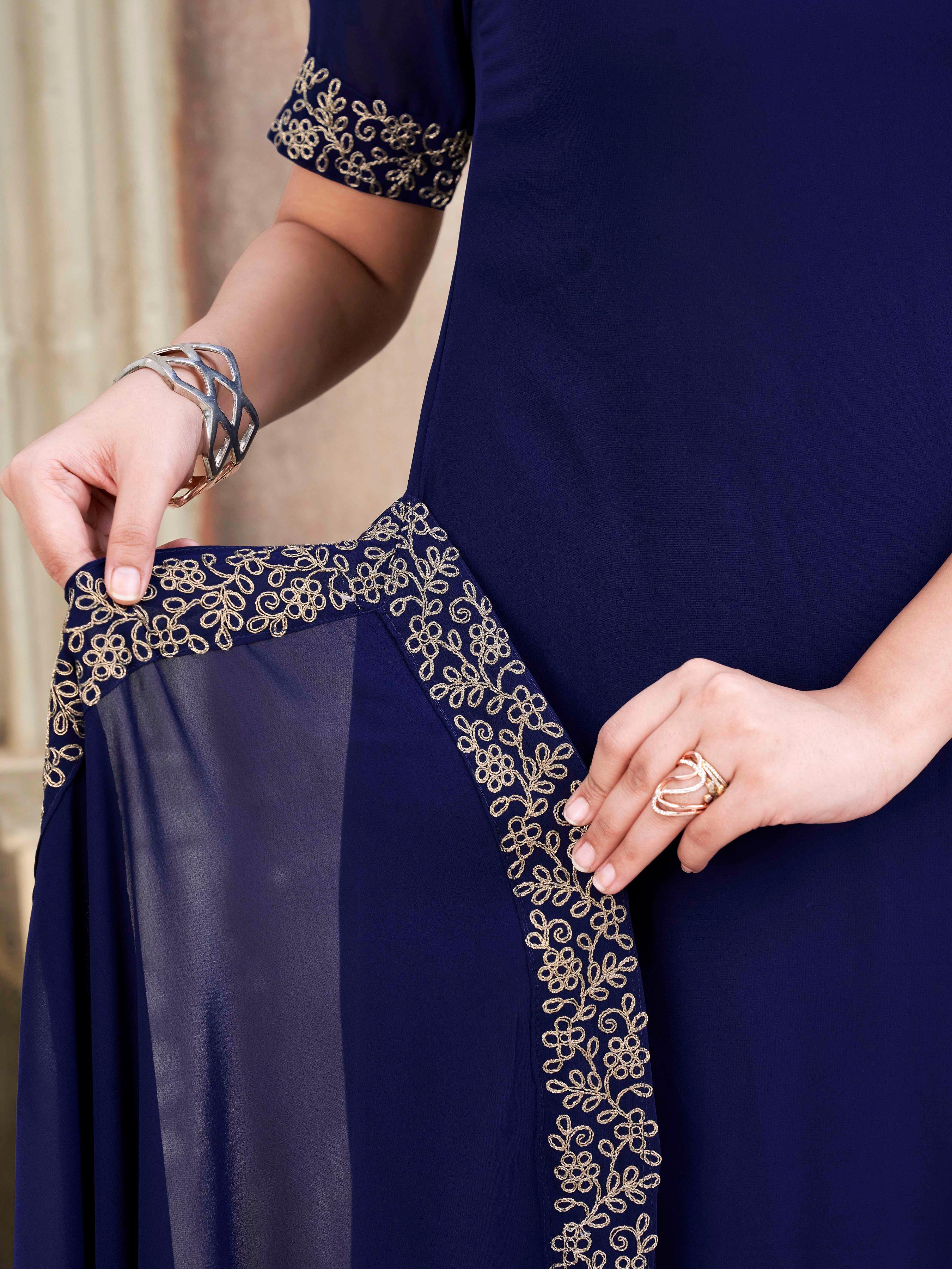 Ready to wear navy blue colored poly georgette gown saree with embroidery coding work