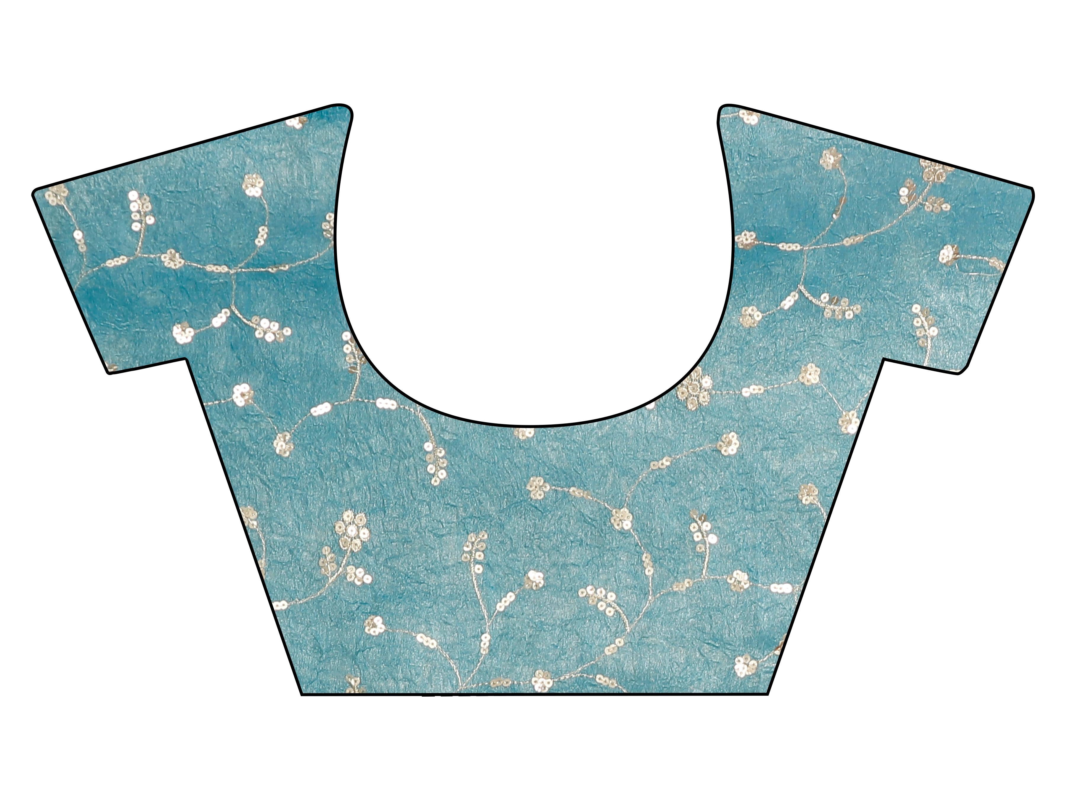 Two toned blue and gold colored wrinkled saree with embroidered blouse and embellished lace