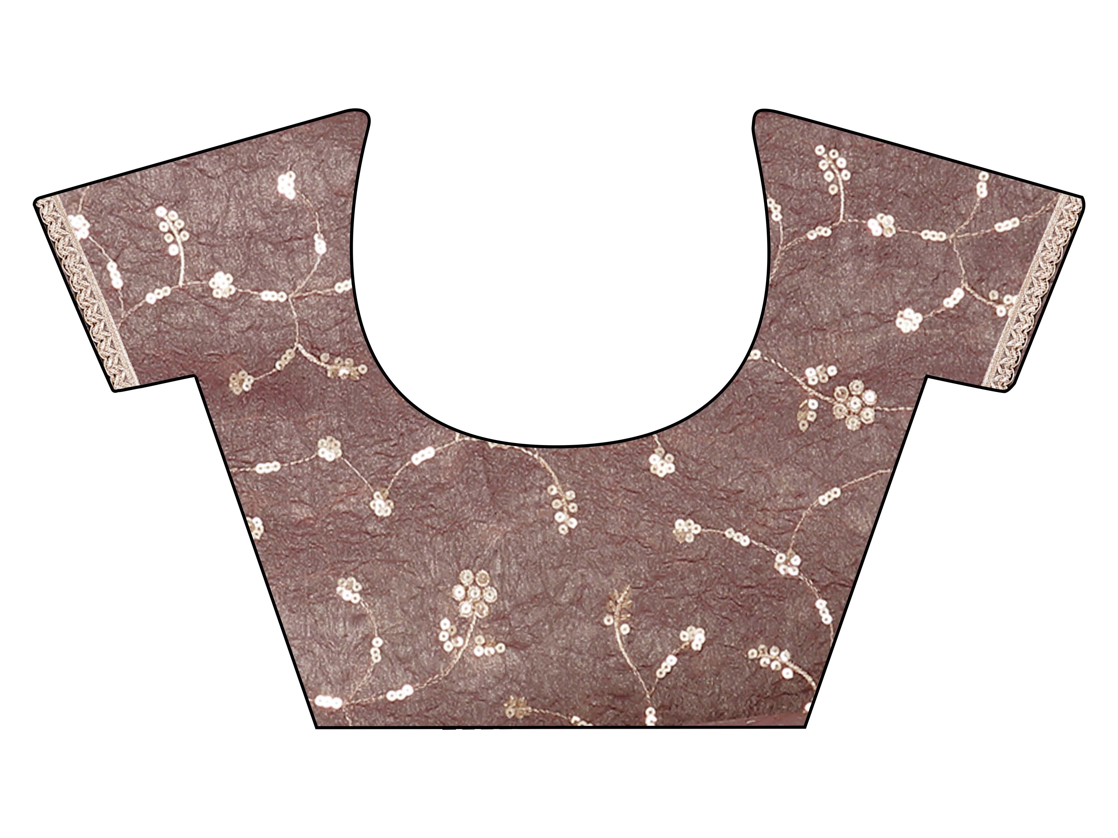 Two toned grey and pink colored wrinkled saree with embroidered blouse and embellished lace