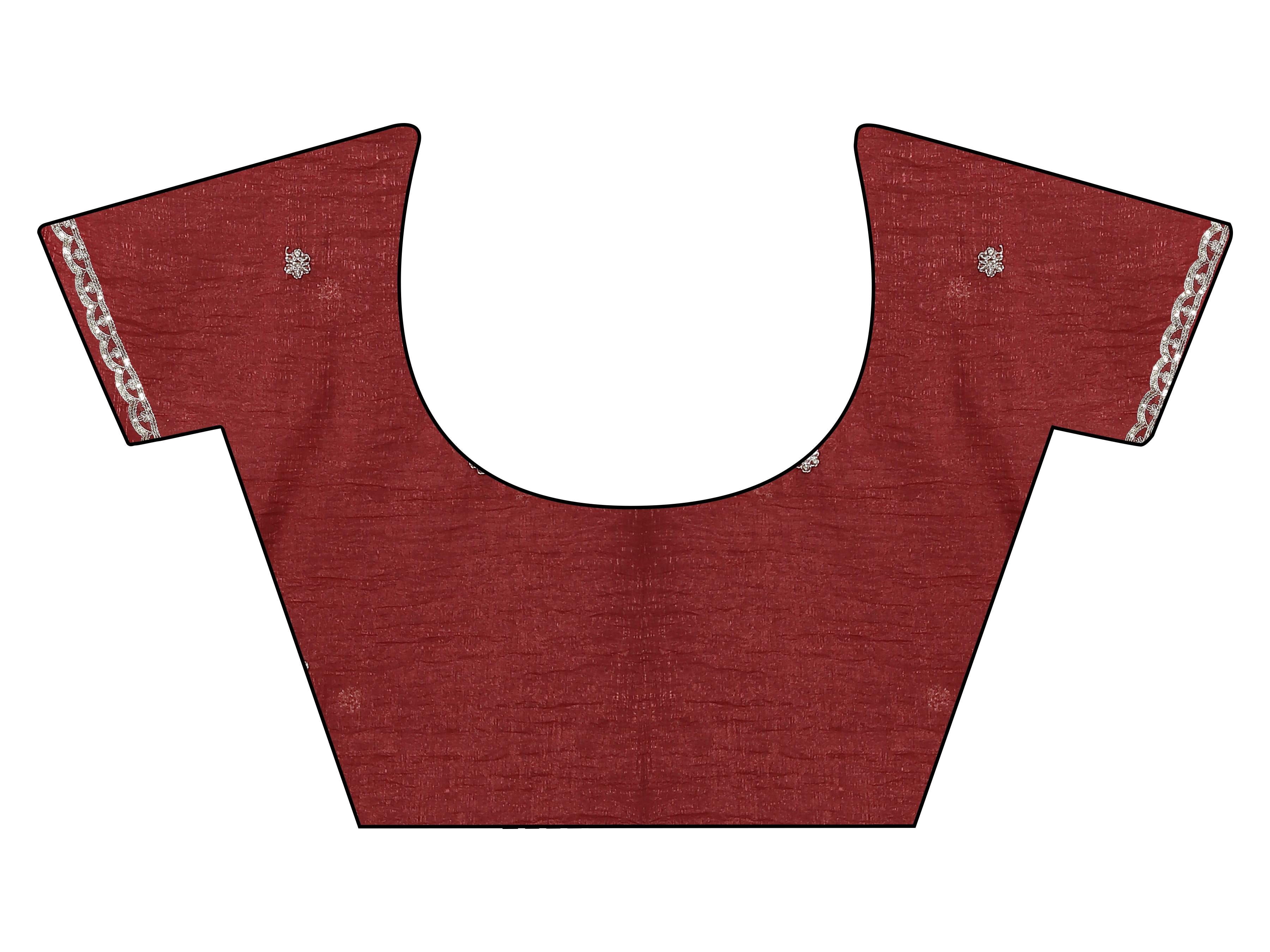 Two toned maroon colored wrinkled saree with embroidered blouse and embellished lace