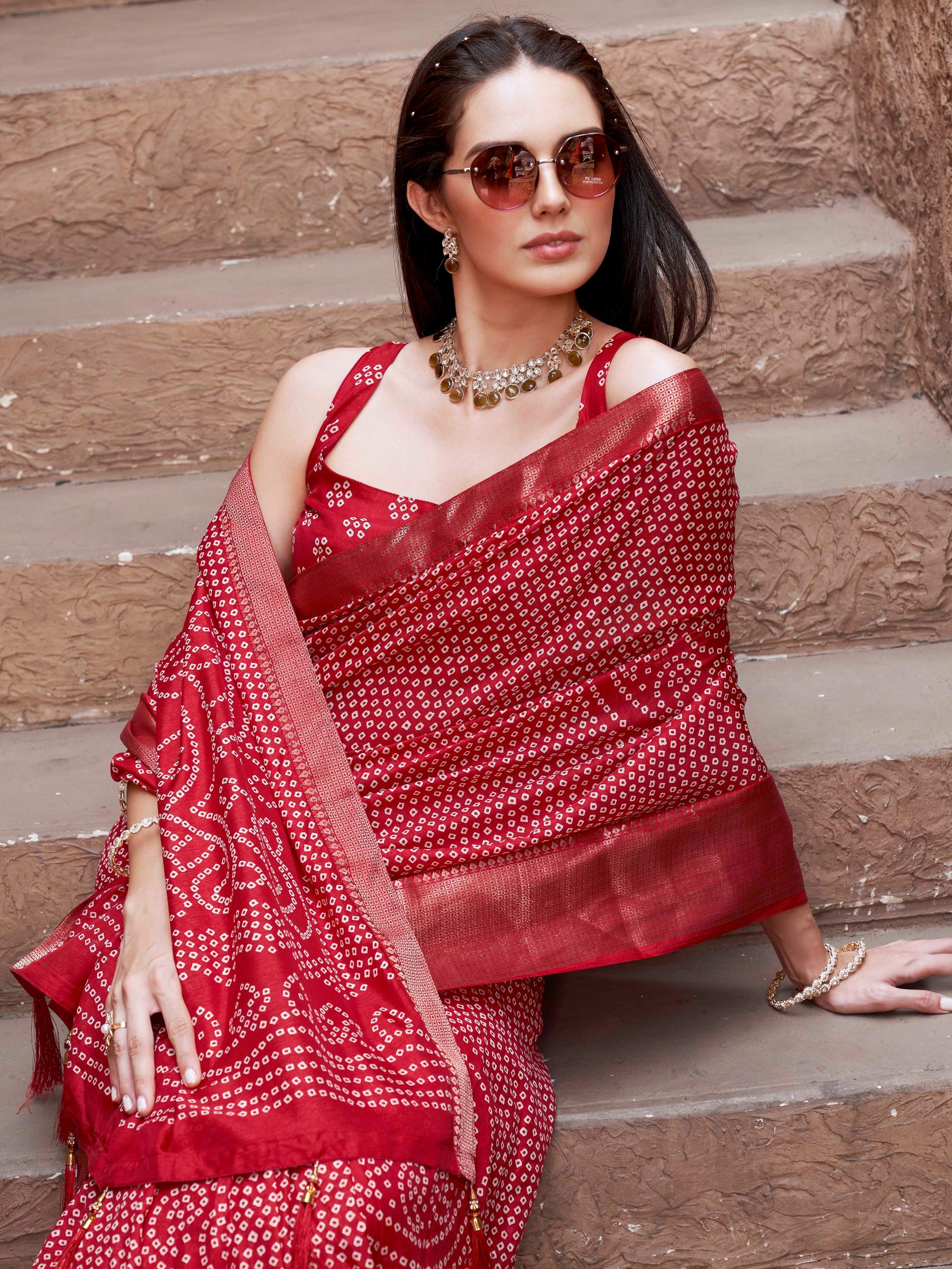 Ready to wear red colored cotton blend daily wear saree with woven border