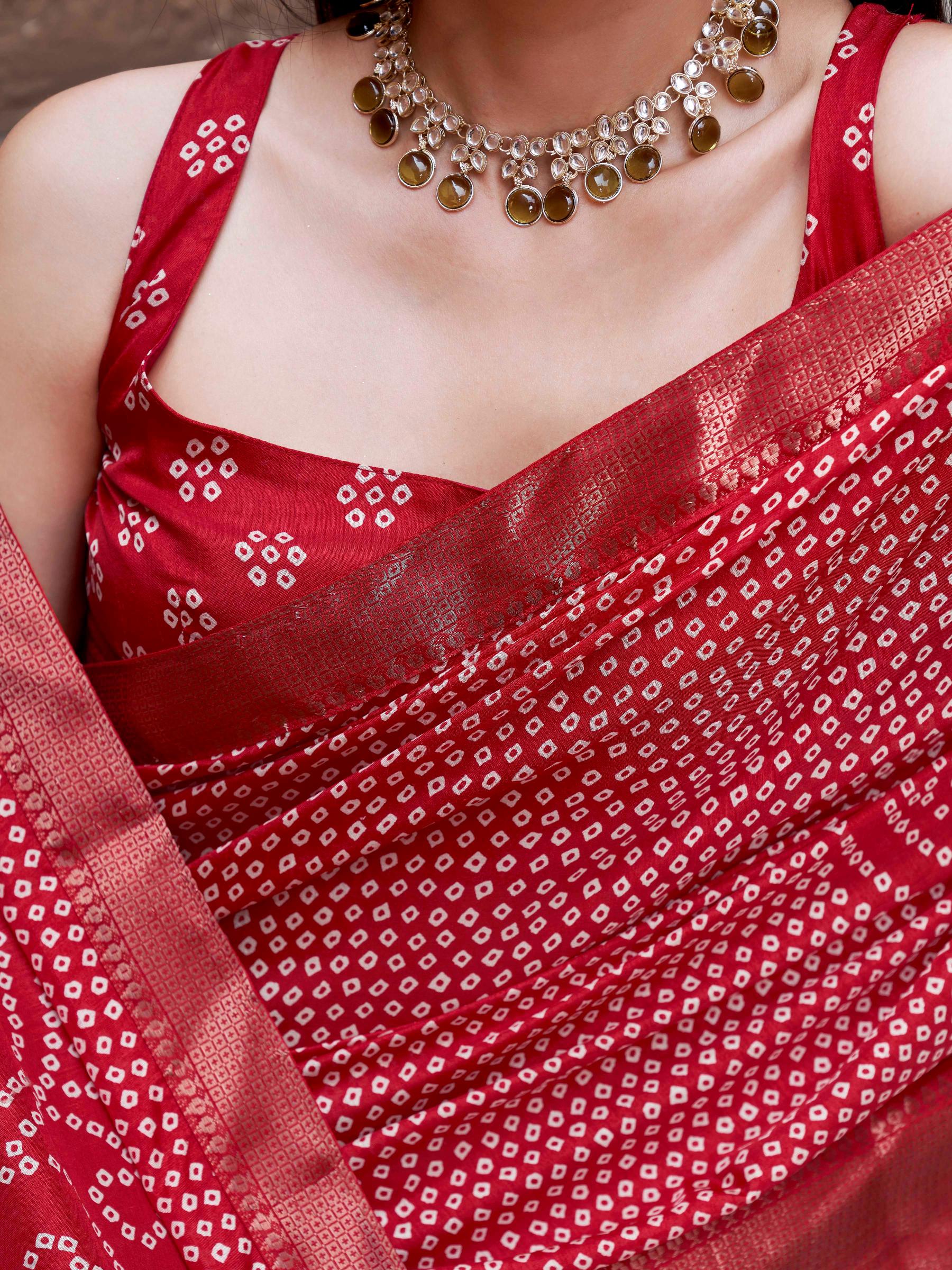 Ready to wear red colored cotton blend daily wear saree with woven border