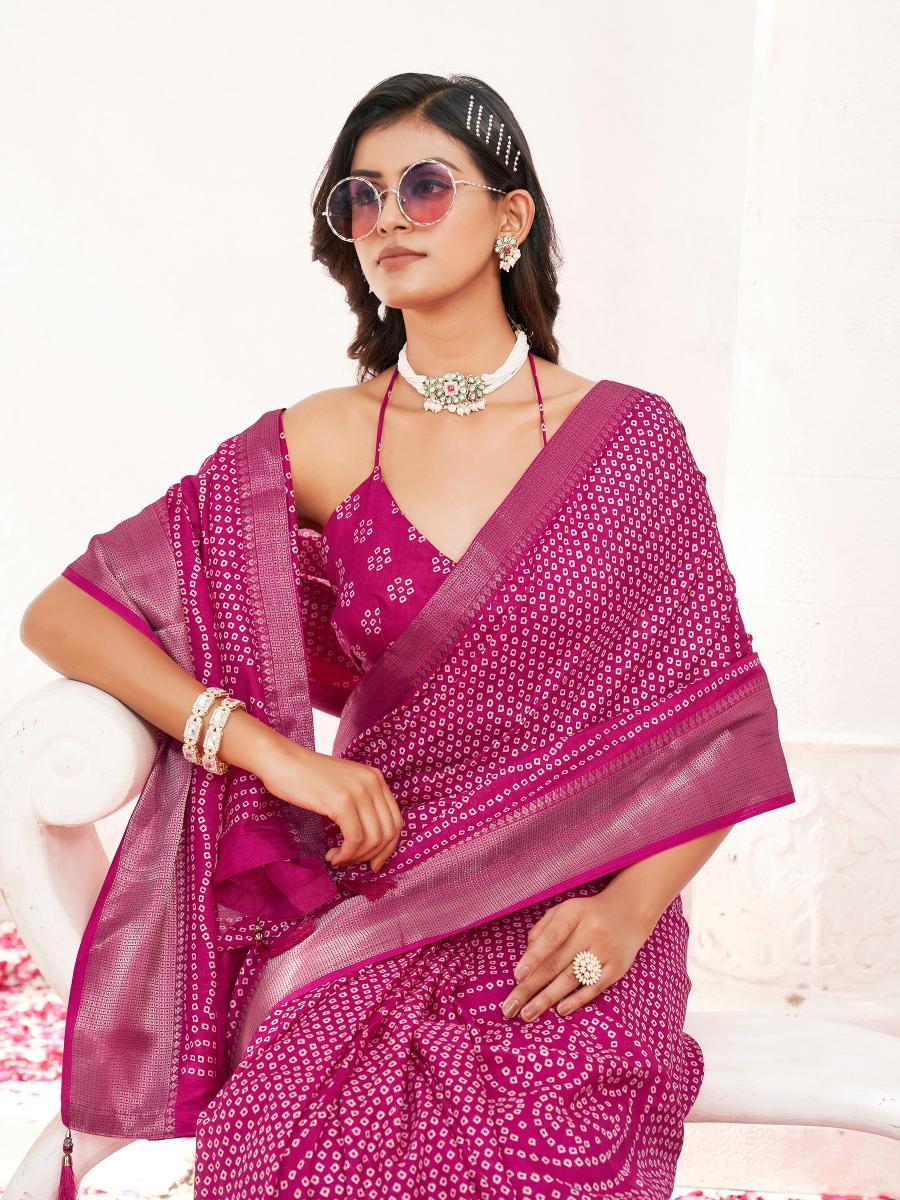 Ready to wear pink colored bandhni printed cotton blend saree