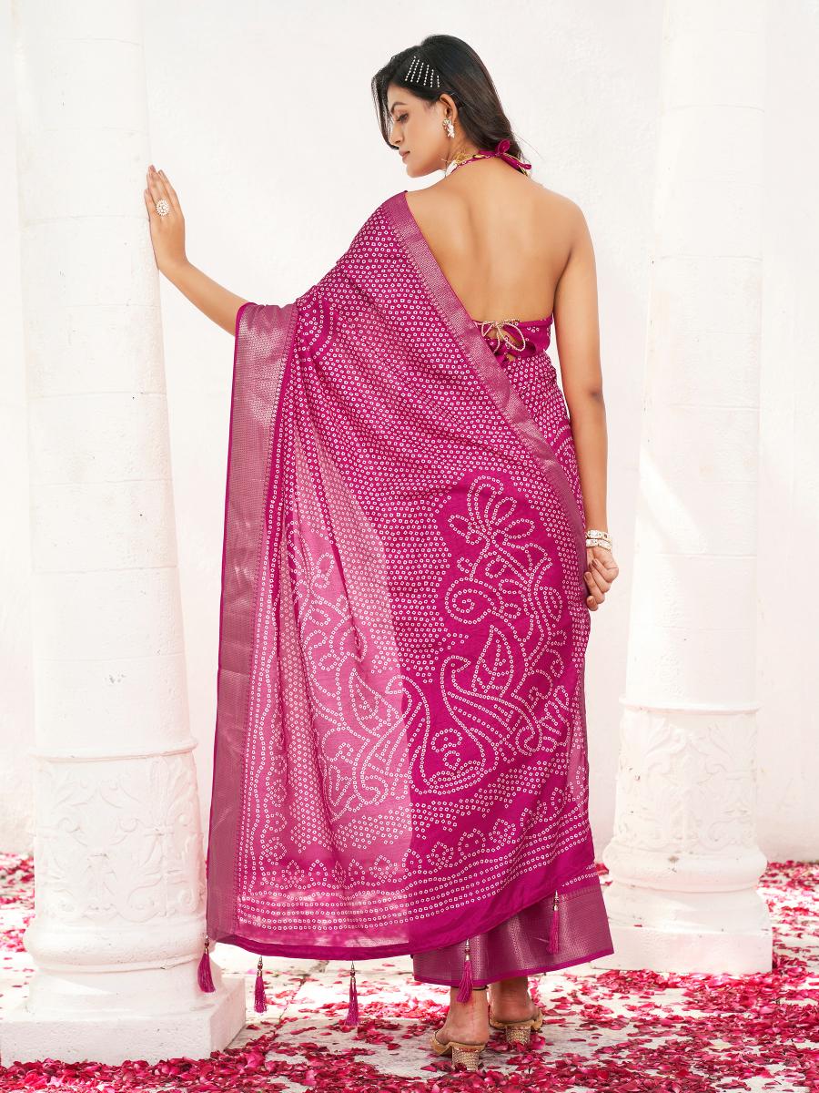 Ready to wear pink colored bandhni printed cotton blend saree