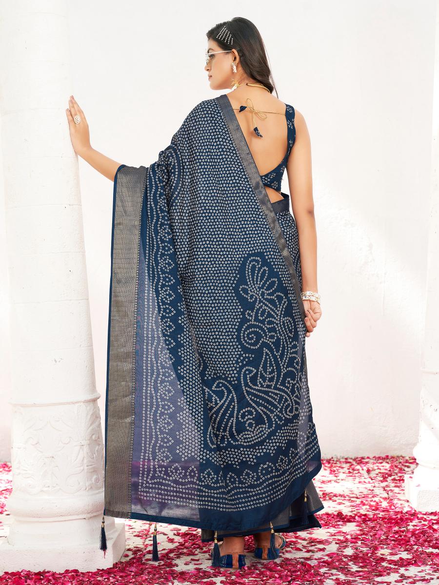 Ready to wear navy blue colored bandhni printed cotton blend saree