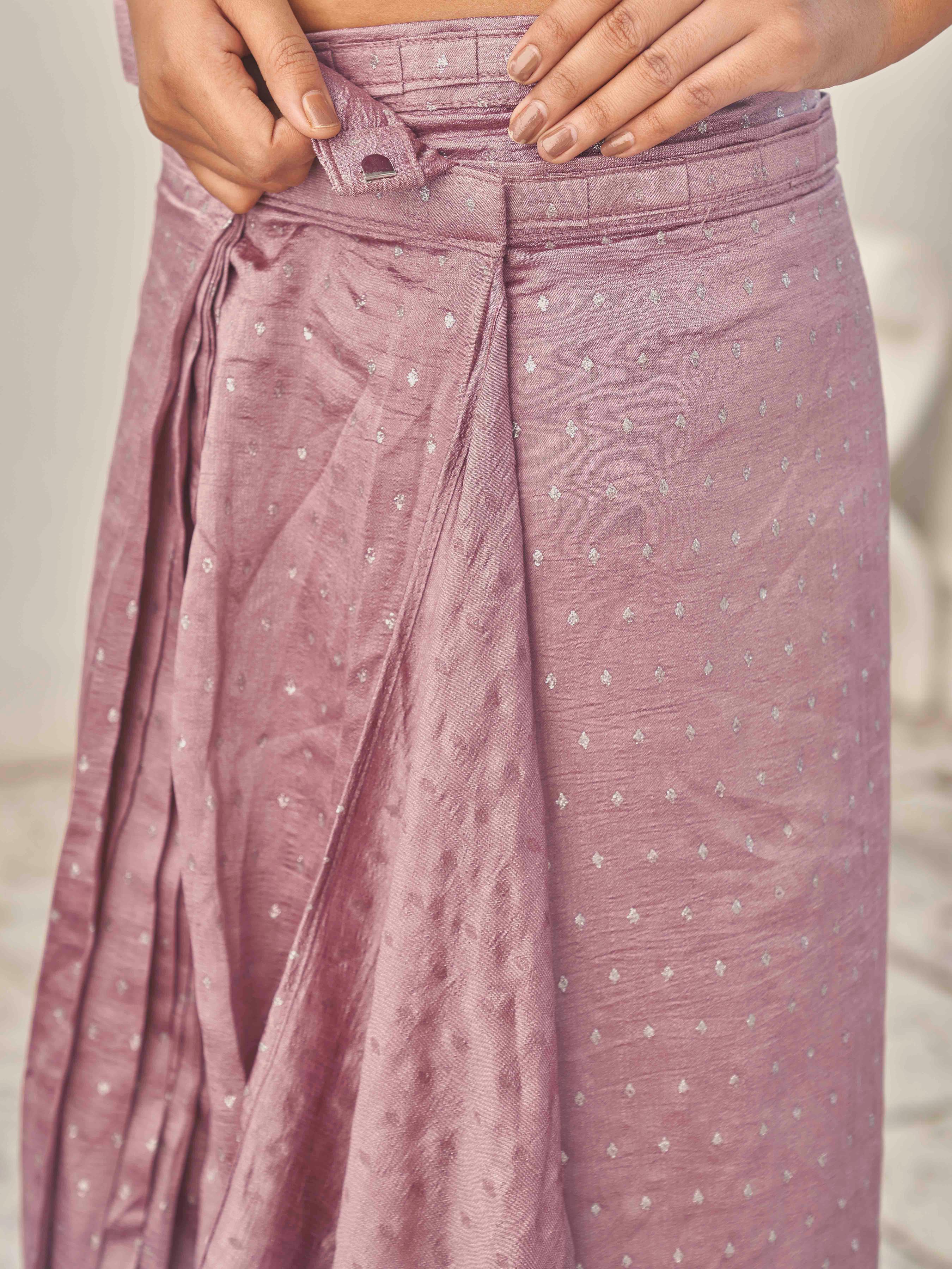 Ready to wear onion pink colored saree with embellished jari work