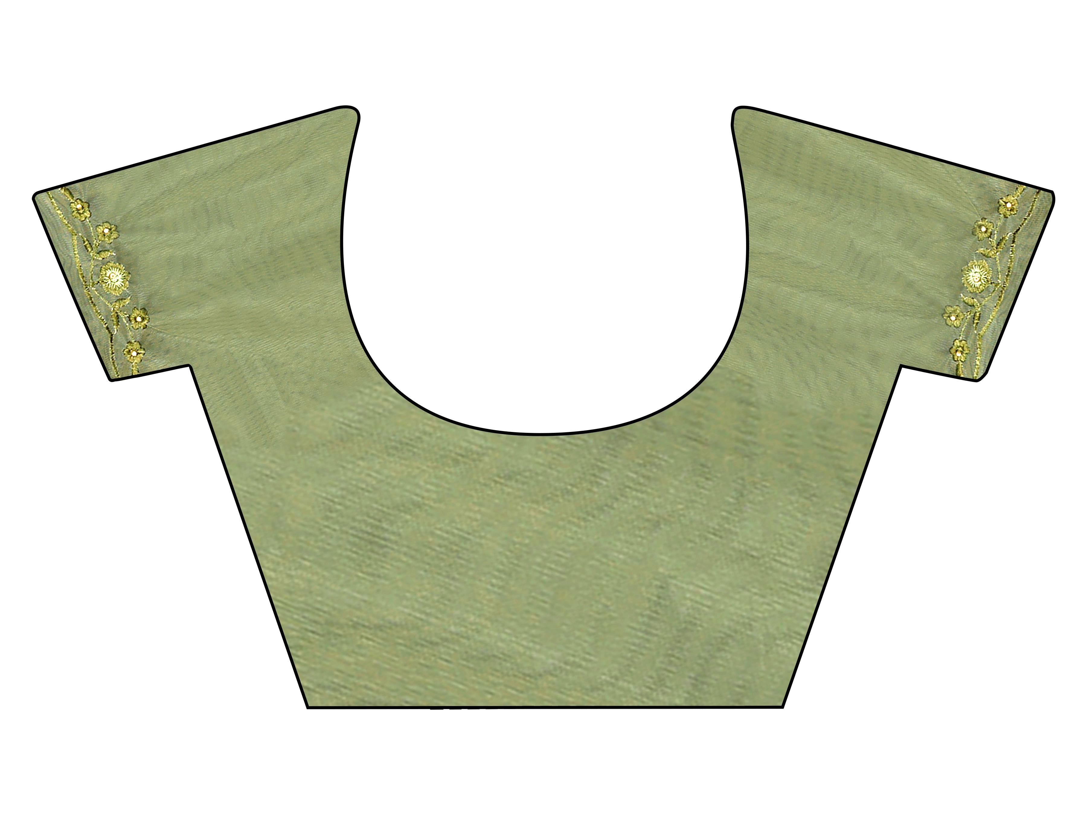 olive green colored embroidered net saree with scalloped border