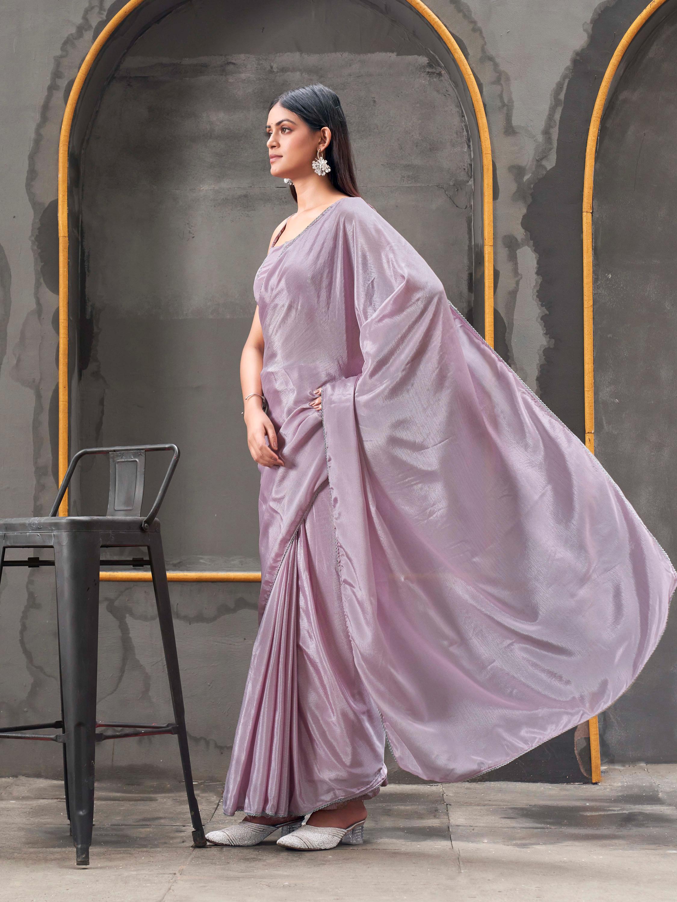 Ready to wear mauve colored chinon saree with embellished lace & Mirror-Work blouse