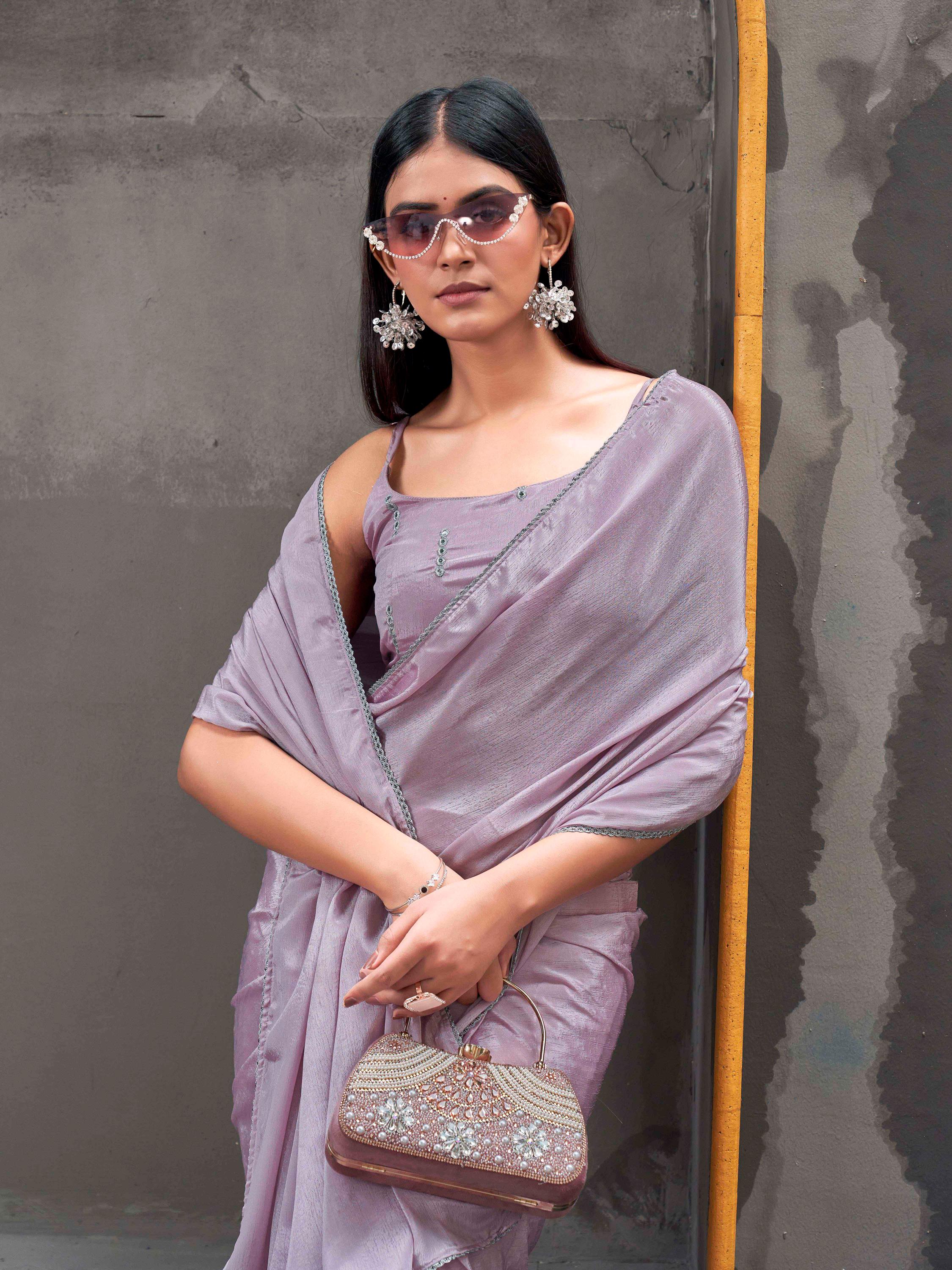 Ready to wear mauve colored chinon saree with embellished lace & Mirror-Work blouse