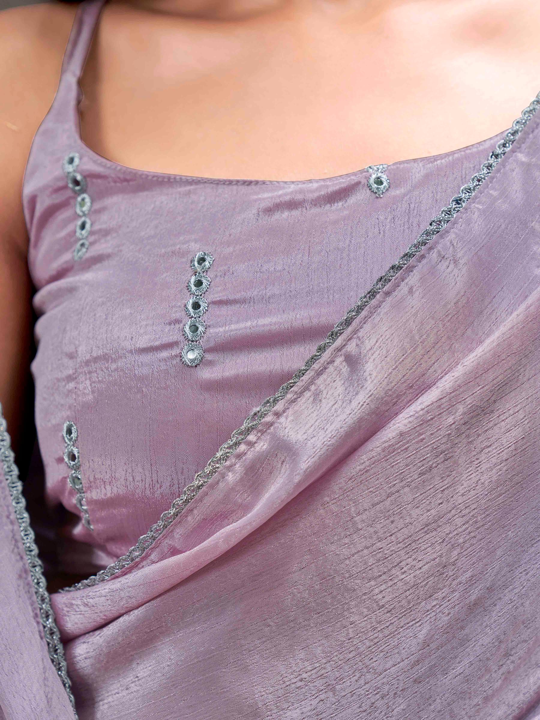 Ready to wear mauve colored chinon saree with embellished lace & Mirror-Work blouse