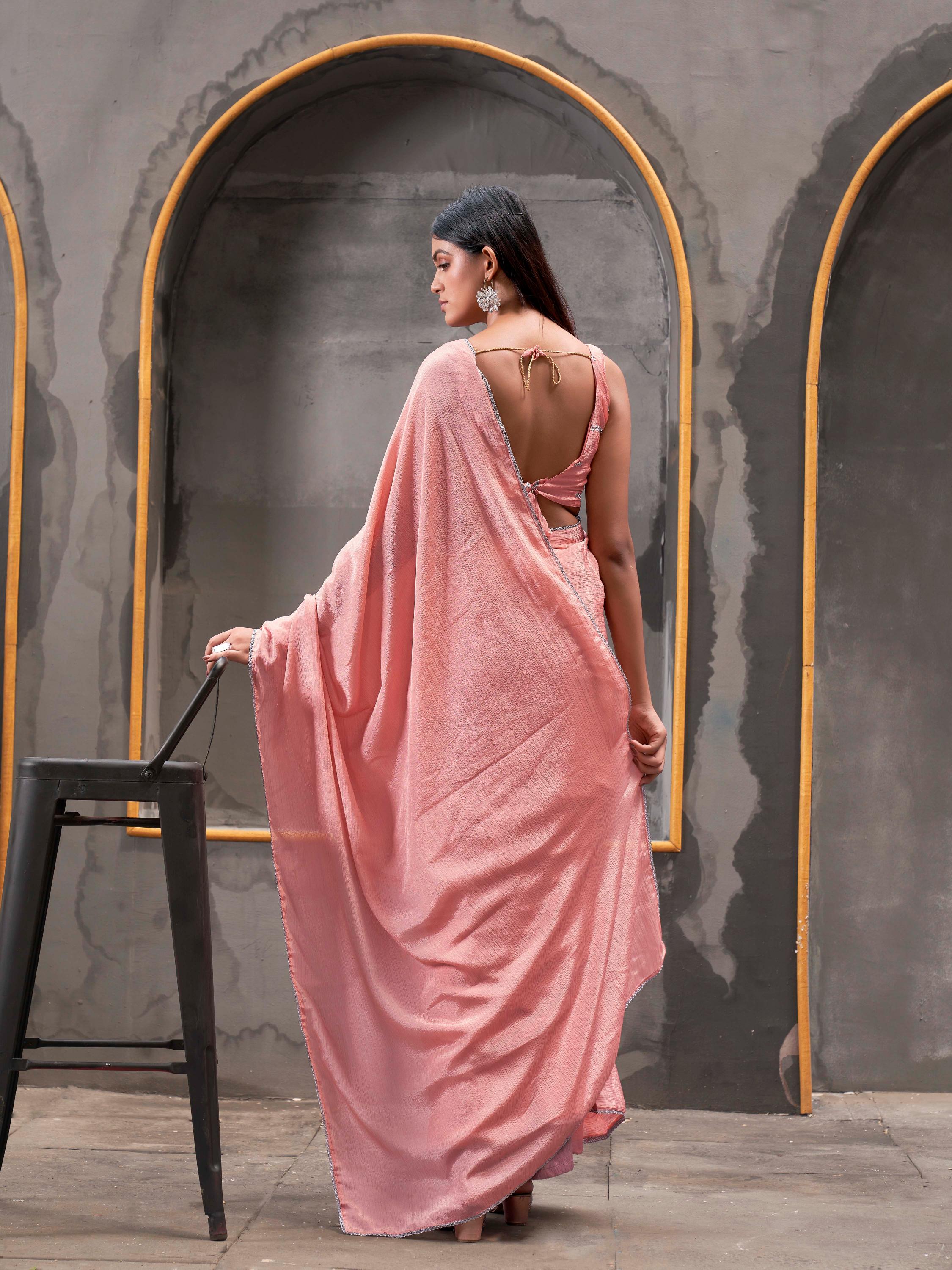 Ready to wear peach colored chinon saree with with embellished lace & Mirror-Work blouse