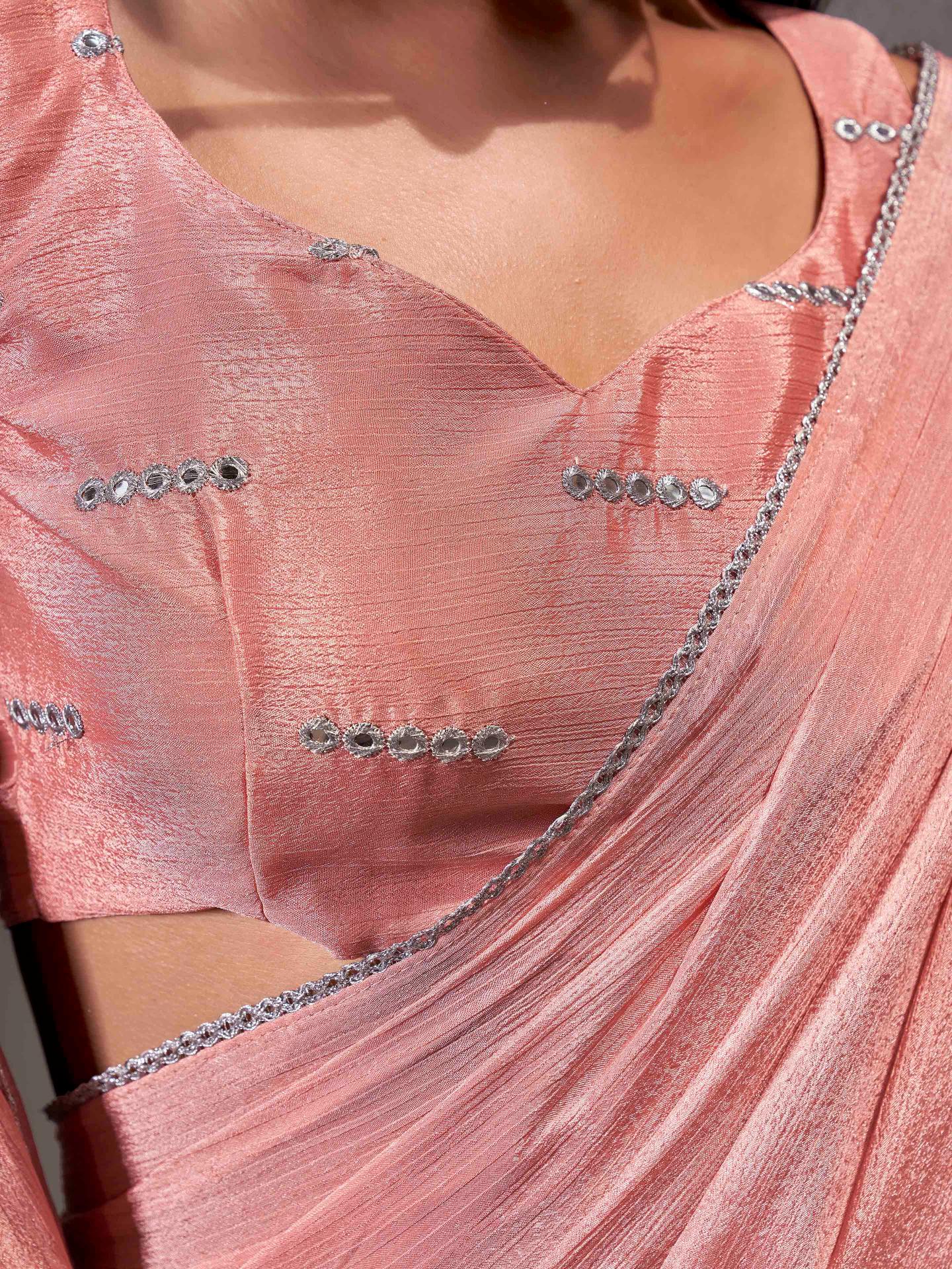 Ready to wear peach colored chinon saree with with embellished lace & Mirror-Work blouse