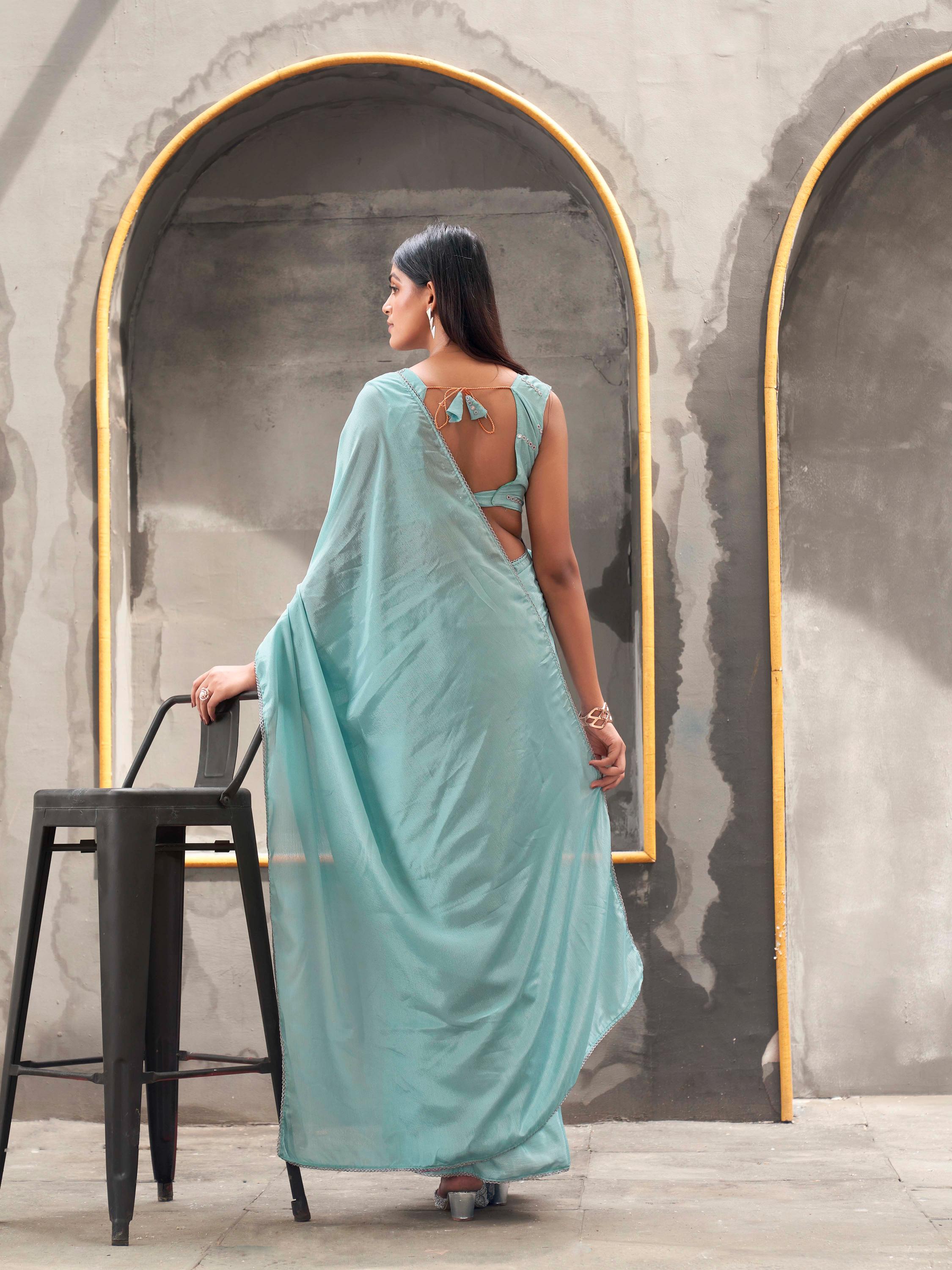 Ready to wear blue colored chinon saree with with embellished lace & Mirror-Work blouse