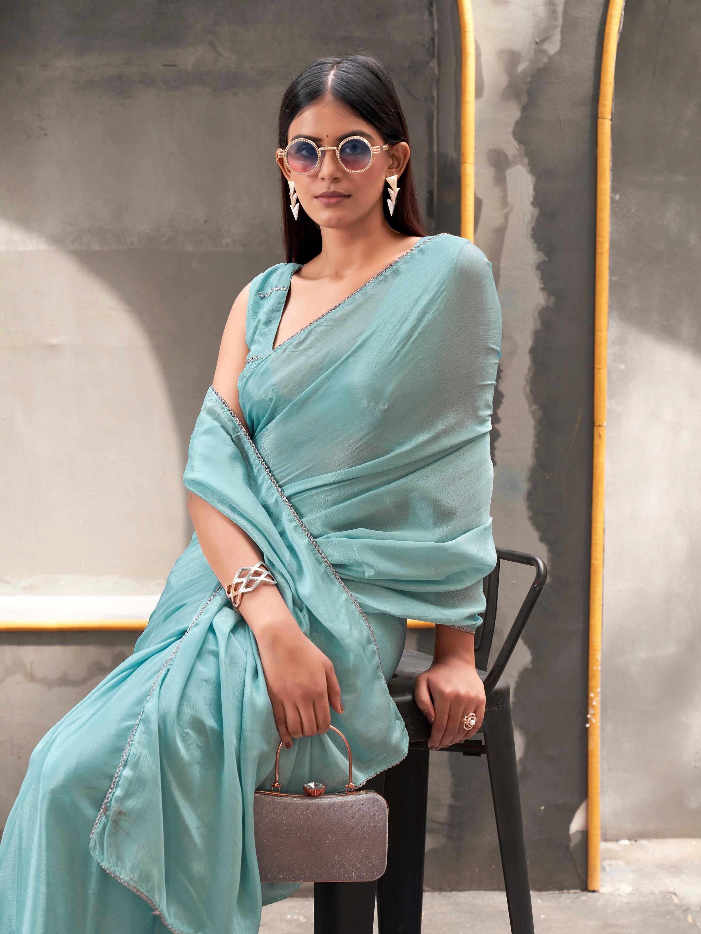 Ready to wear blue colored chinon saree with with embellished lace & Mirror-Work blouse