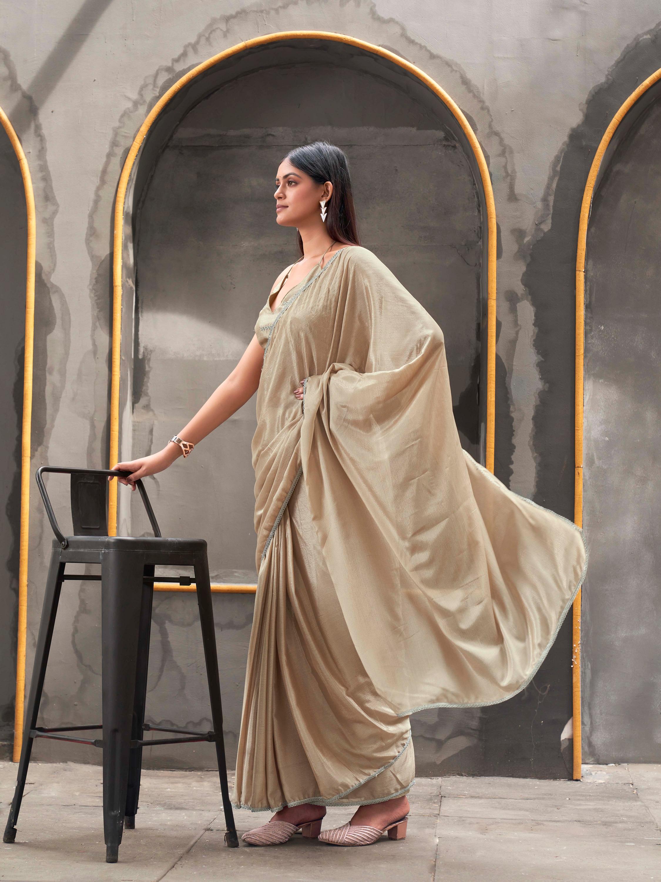 Ready to wear beige colored chinon saree with with embellished lace & Mirror-Work blouse