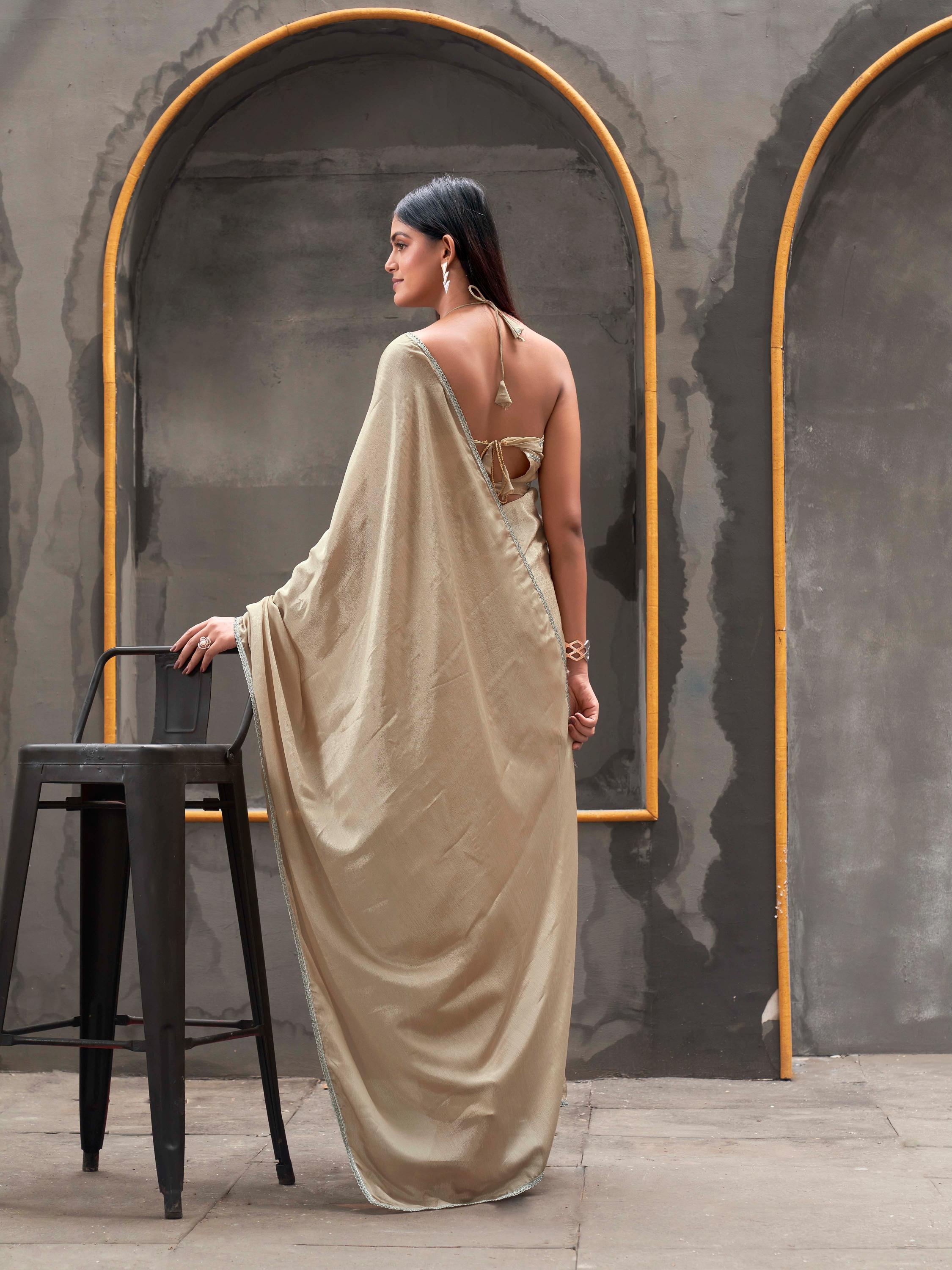 Ready to wear beige colored chinon saree with with embellished lace & Mirror-Work blouse