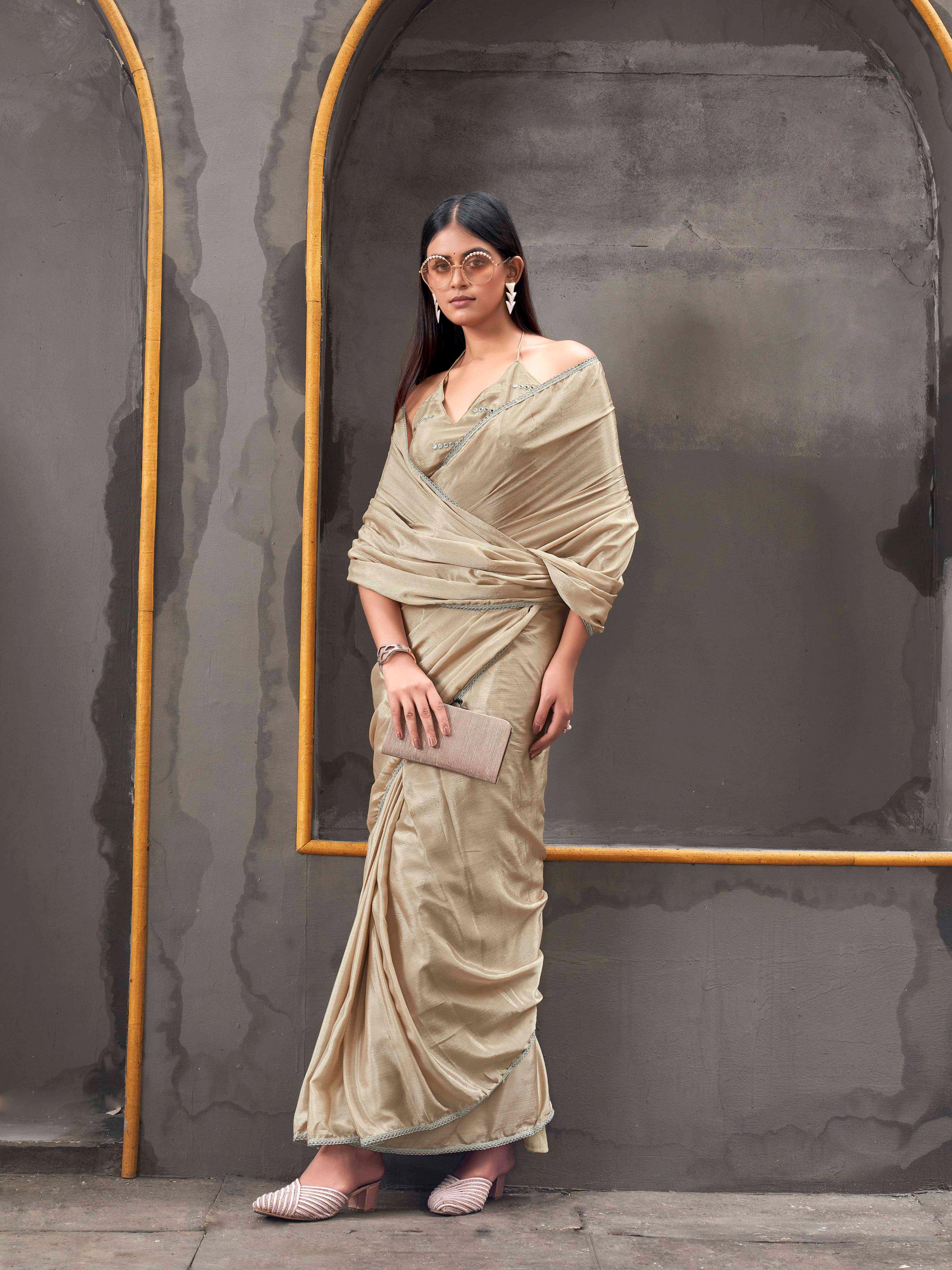 Ready to wear beige colored chinon saree with with embellished lace & Mirror-Work blouse