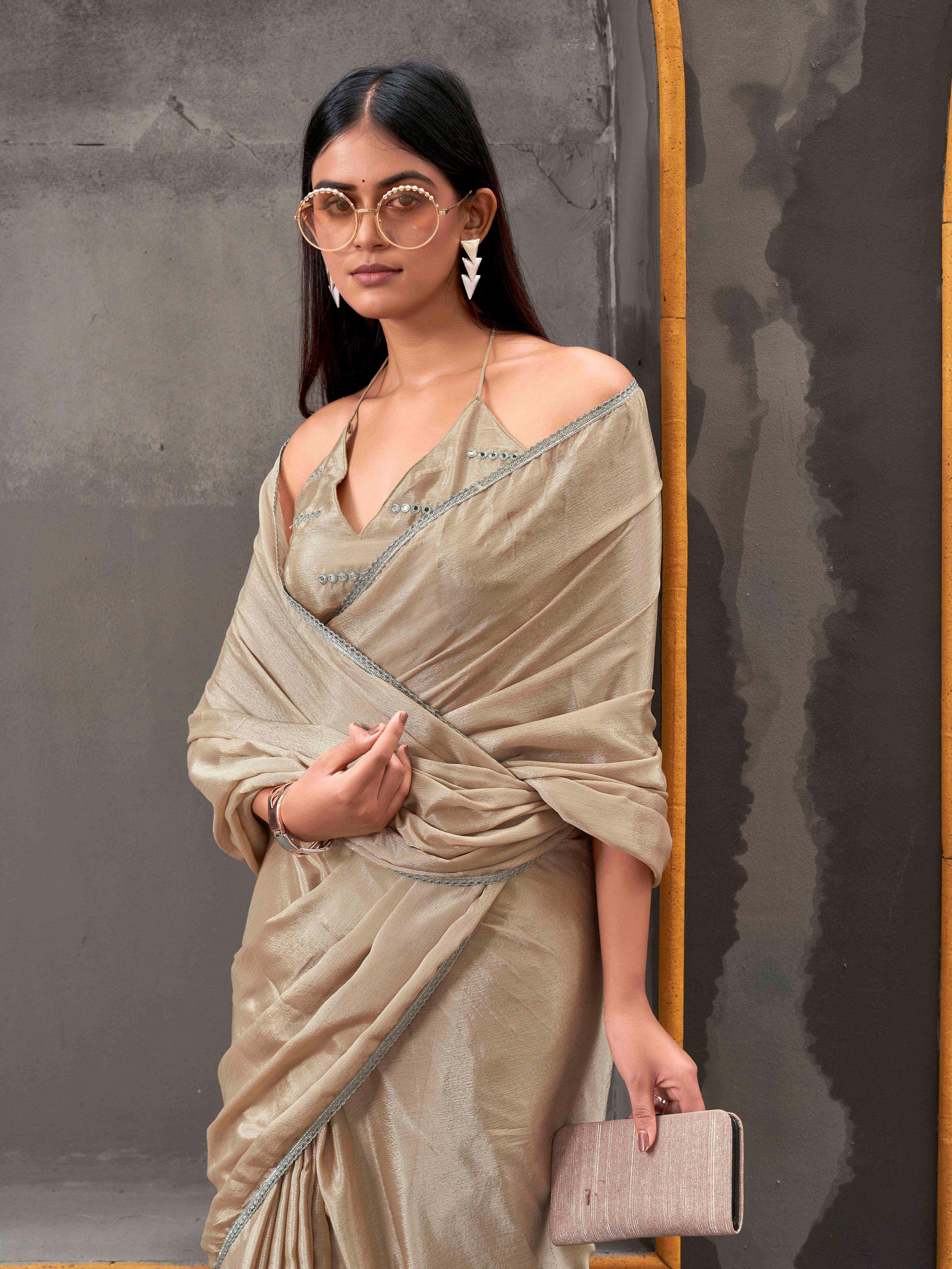 Ready to wear beige colored chinon saree with with embellished lace & Mirror-Work blouse