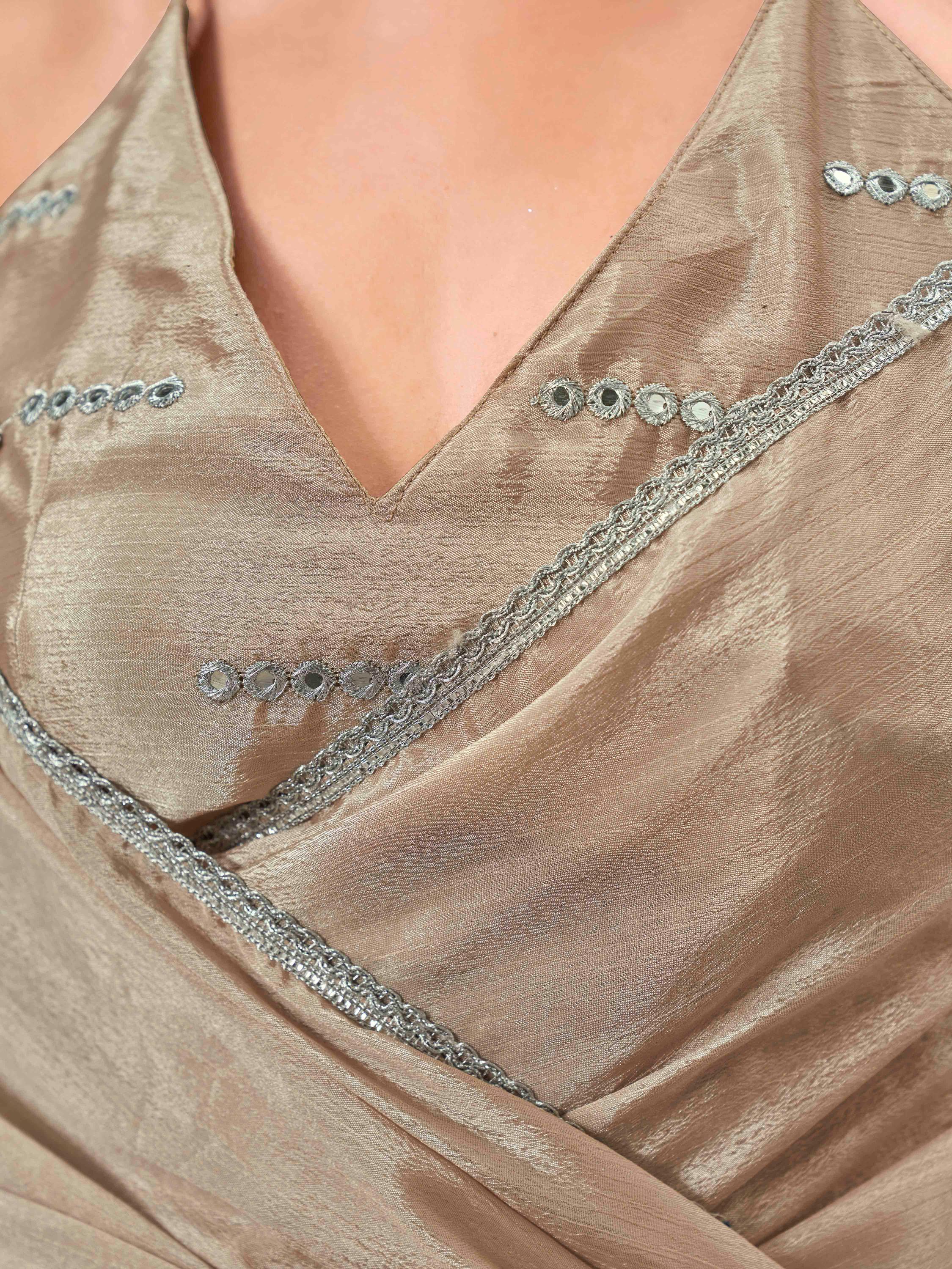 Ready to wear beige colored chinon saree with with embellished lace & Mirror-Work blouse