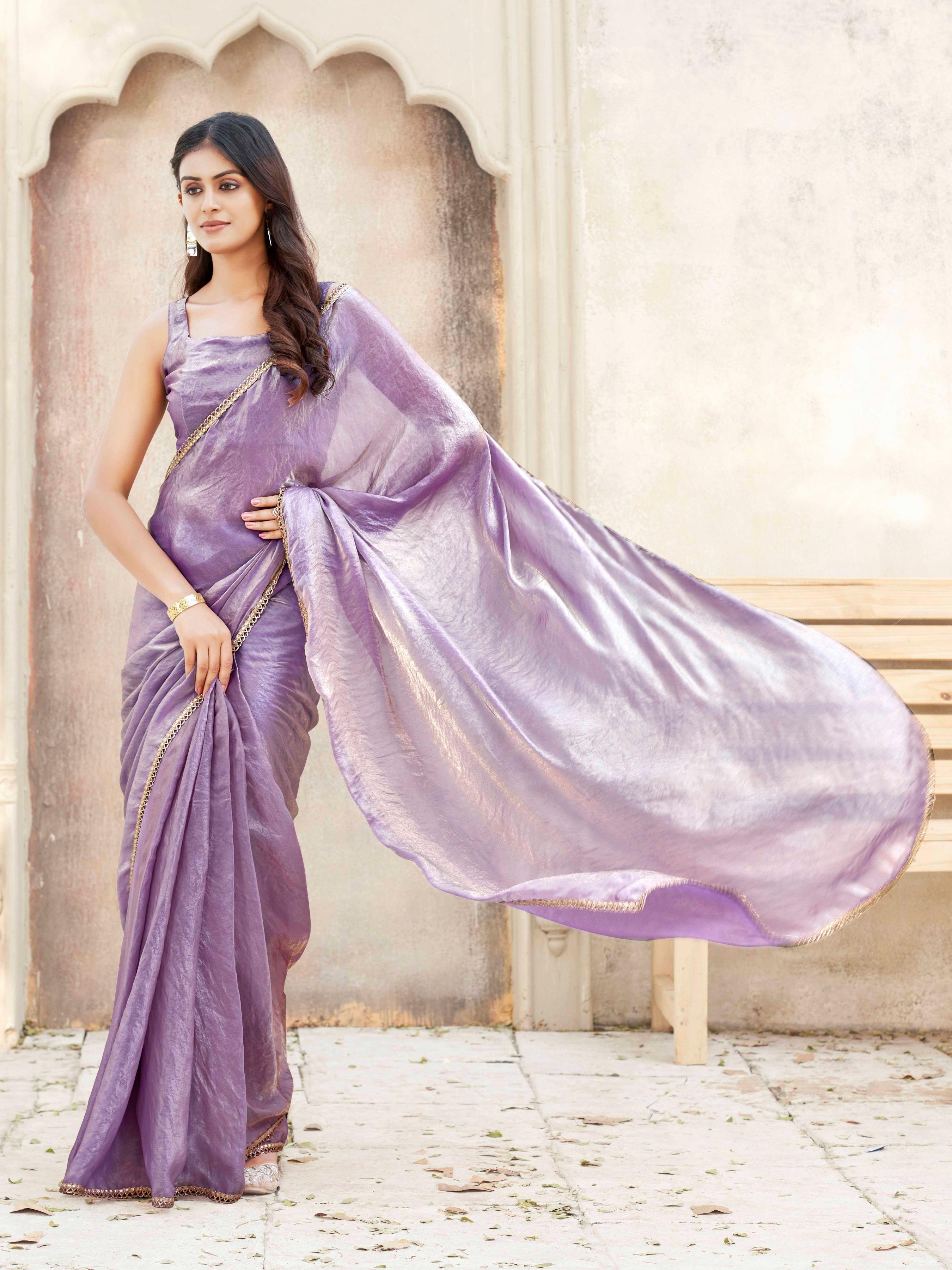 Ready to wear two tone purple and gold colored jimmy choo saree with embellished border