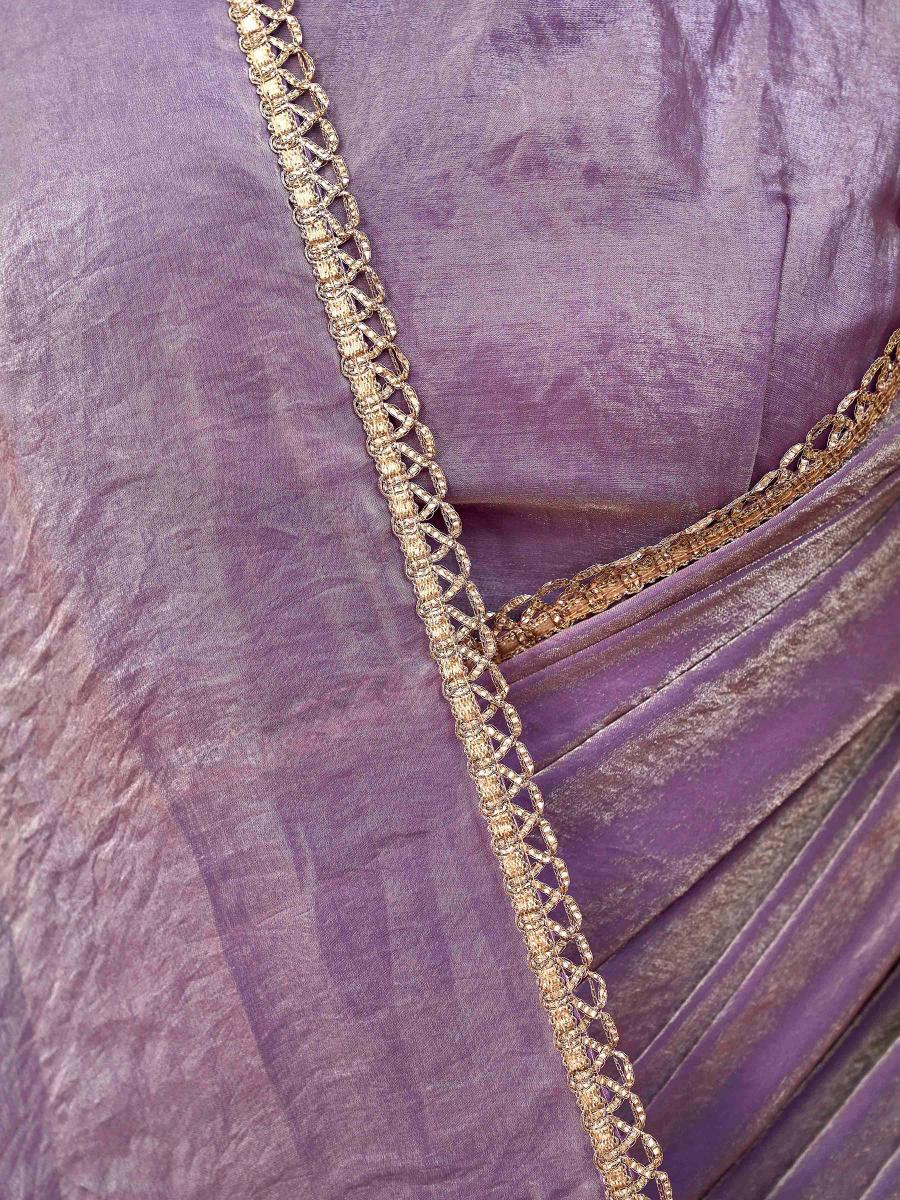 Ready to wear two tone purple and gold colored jimmy choo saree with embellished border
