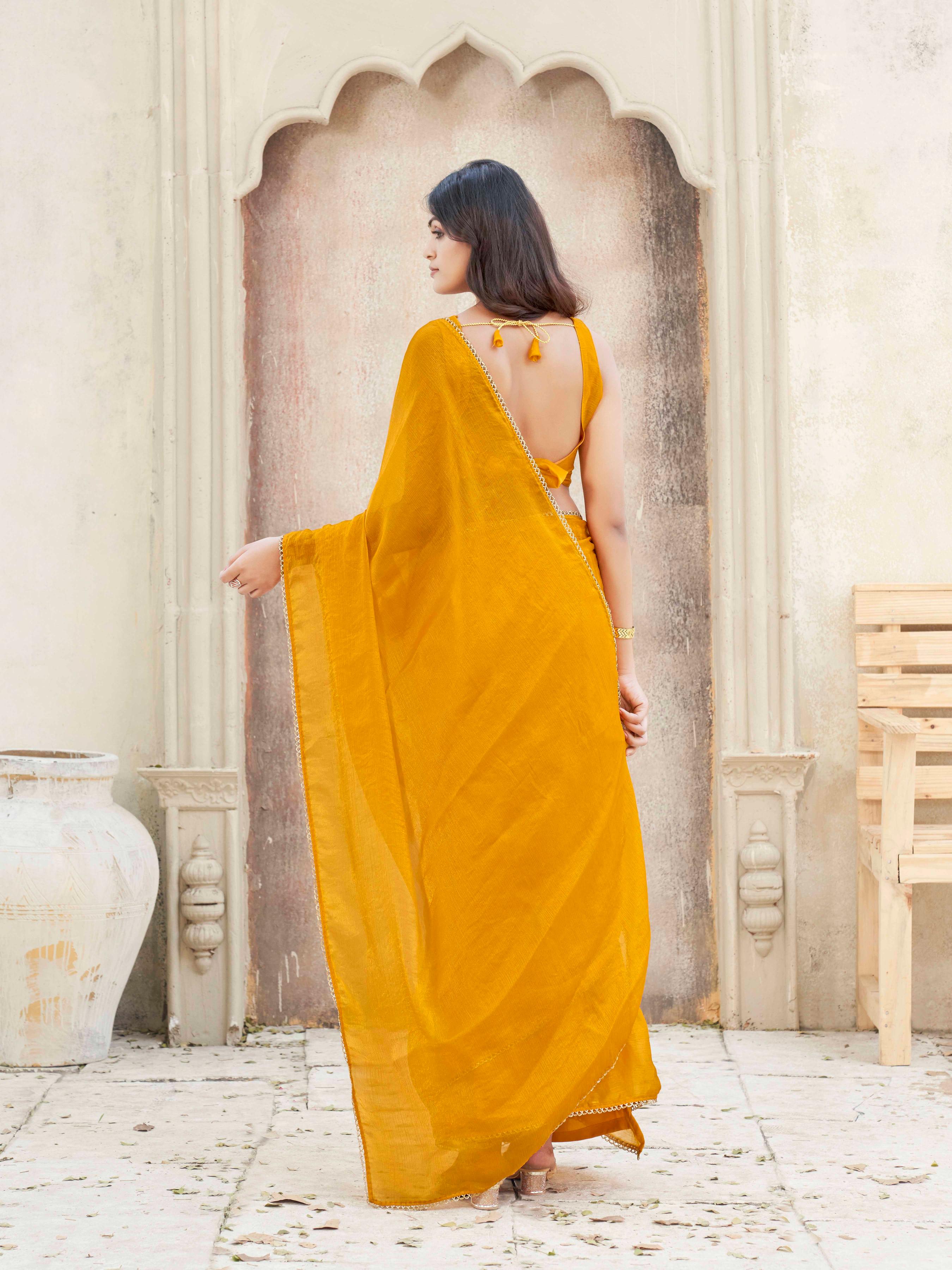 Ready to wear Yellow colored jimmy choo saree with embellished lace border