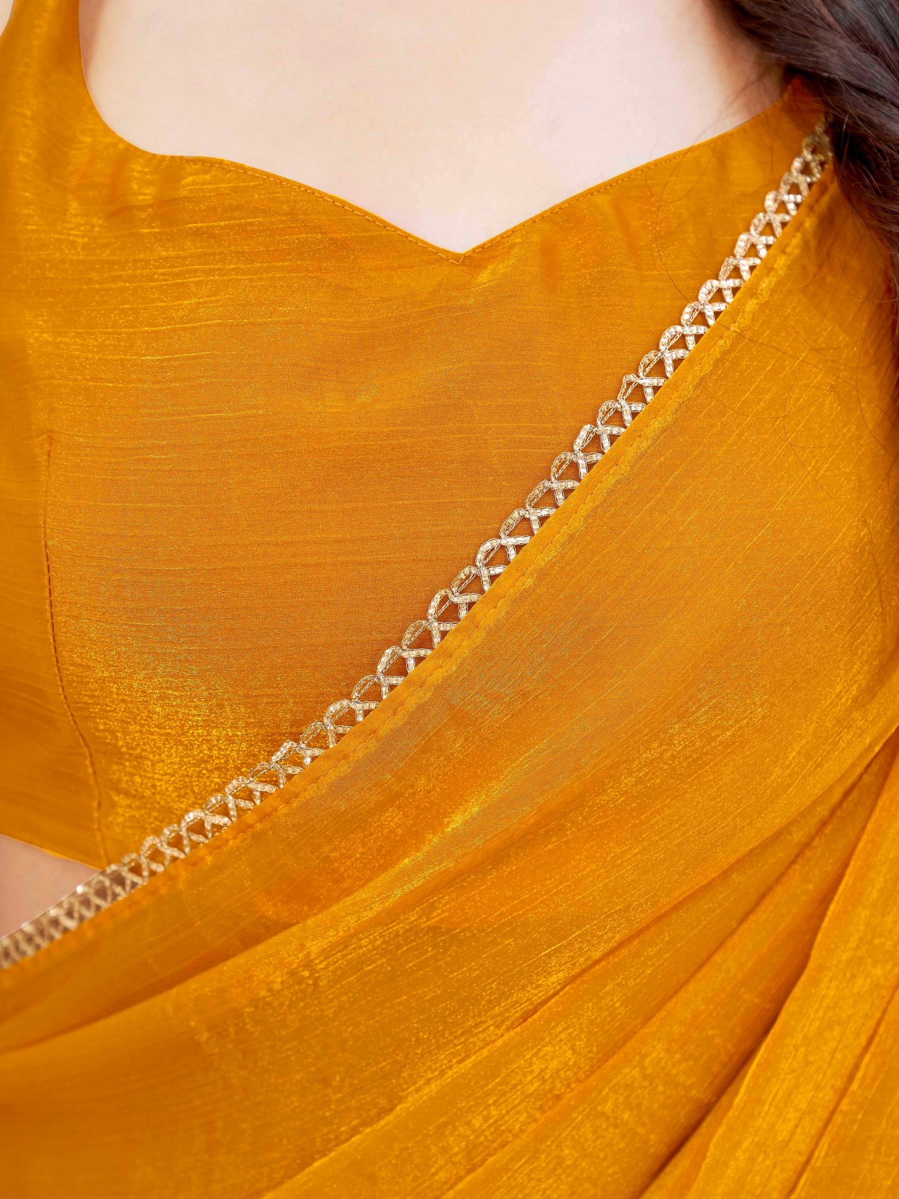 Ready to wear Yellow colored jimmy choo saree with embellished lace border