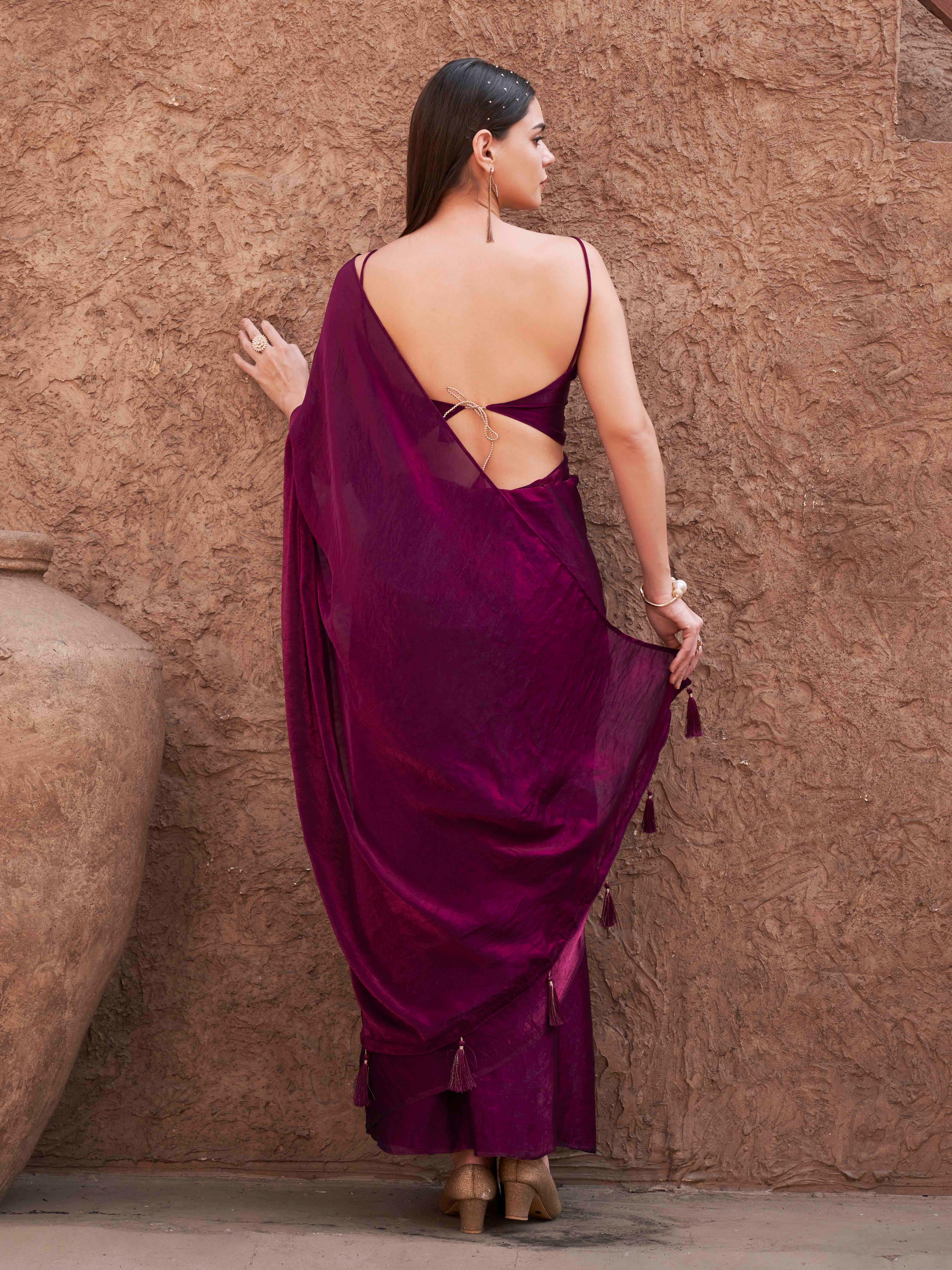 Ready to wear two tone pink and wine colored shimmer satin saree with tassles on pallu