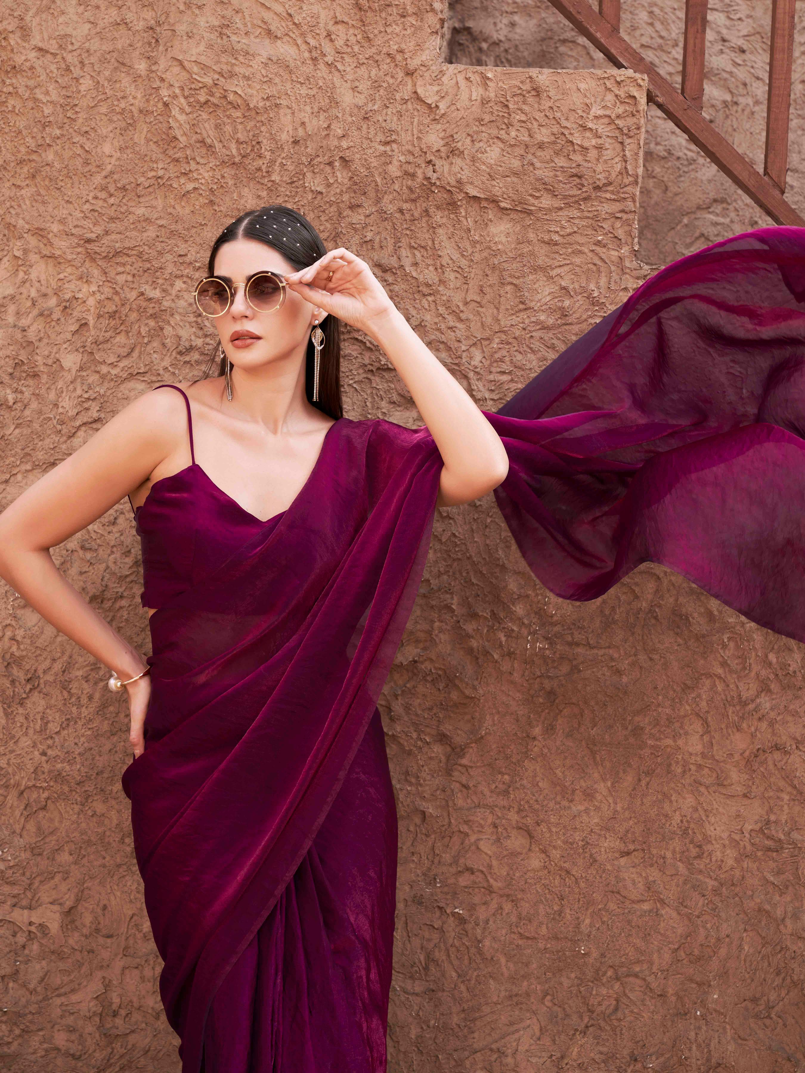 Ready to wear two tone pink and wine colored shimmer satin saree with tassles on pallu