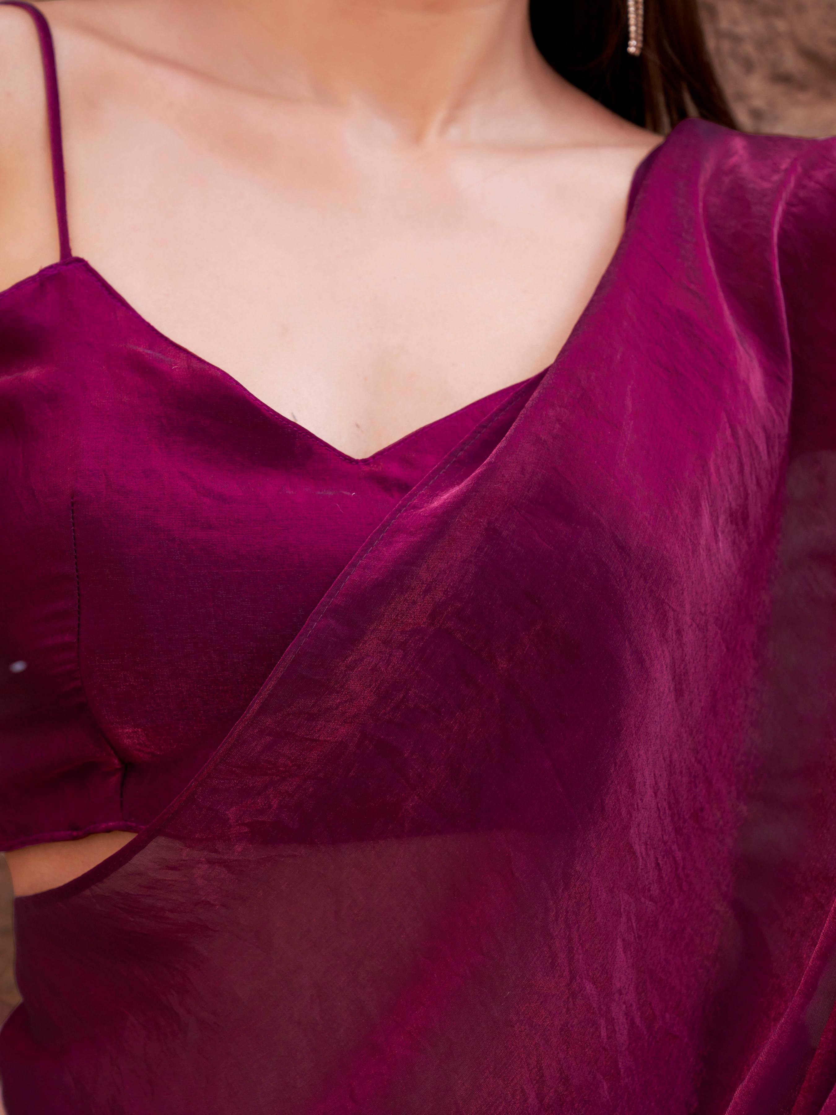 Ready to wear two tone pink and wine colored shimmer satin saree with tassles on pallu