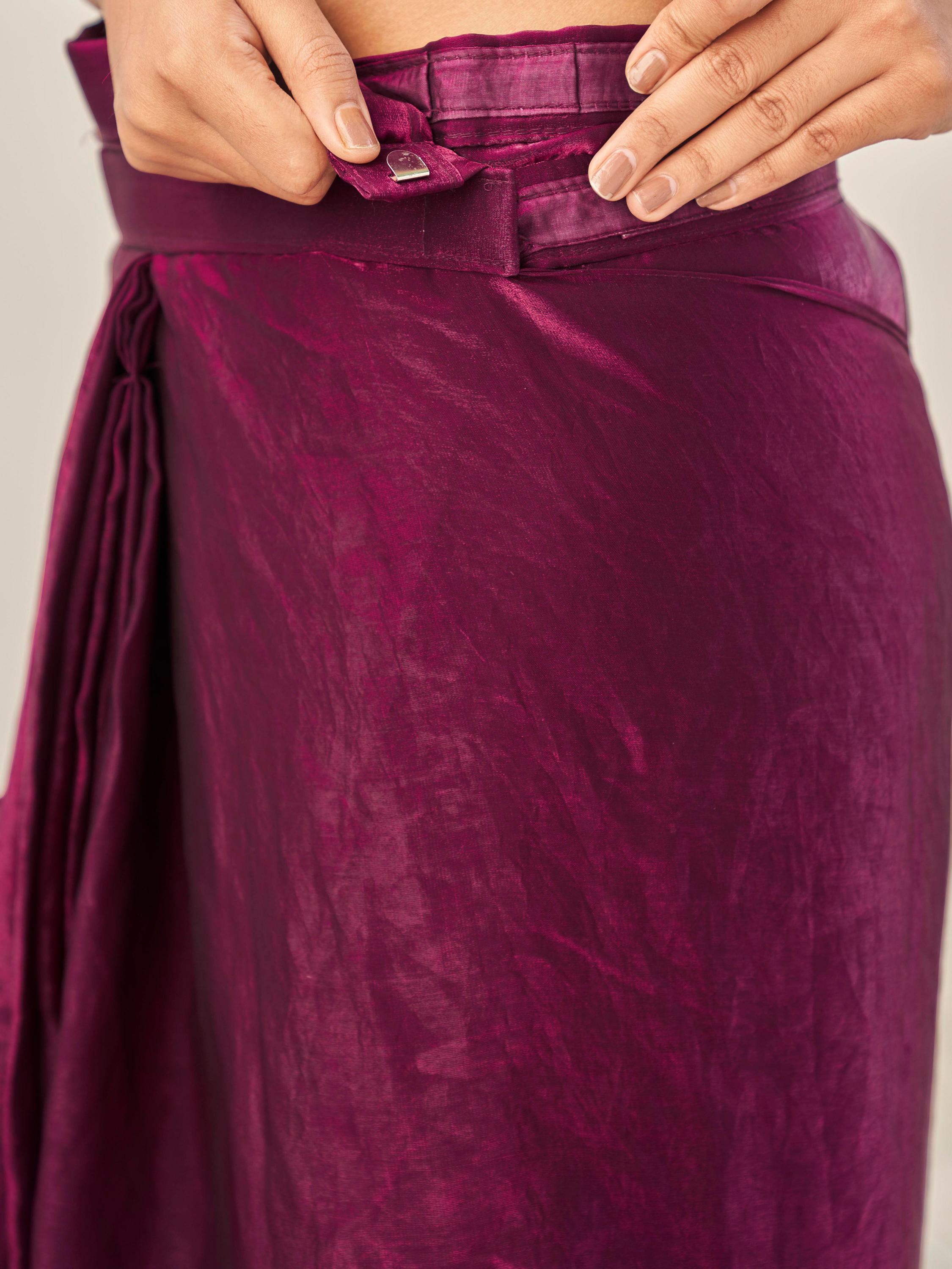 Ready to wear two tone pink and wine colored shimmer satin saree with tassles on pallu