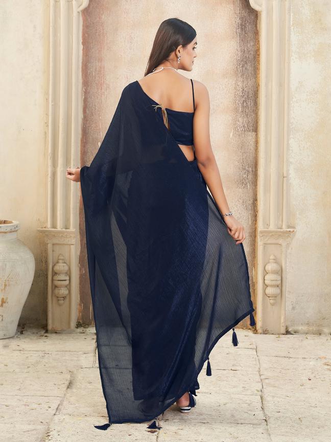 Ready to wear navy blue colored shimmer saree with tassles on pallu