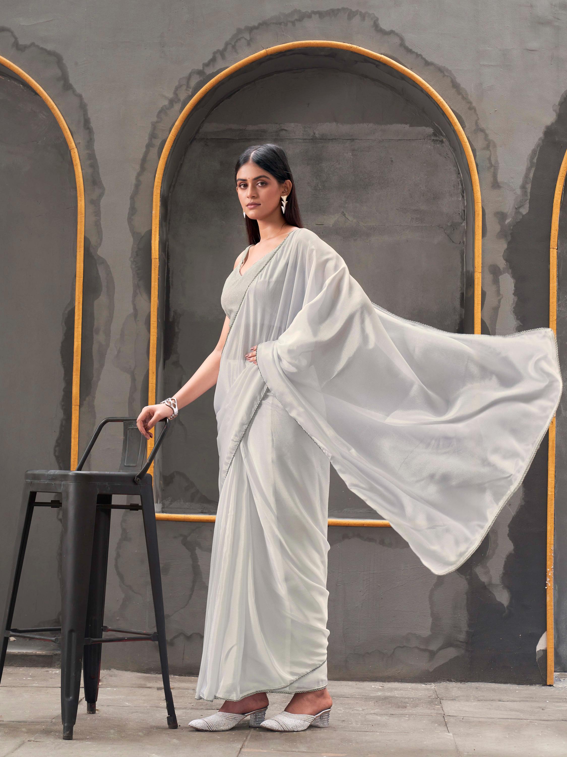 Ready to wear White colored chinon saree with embellished lace