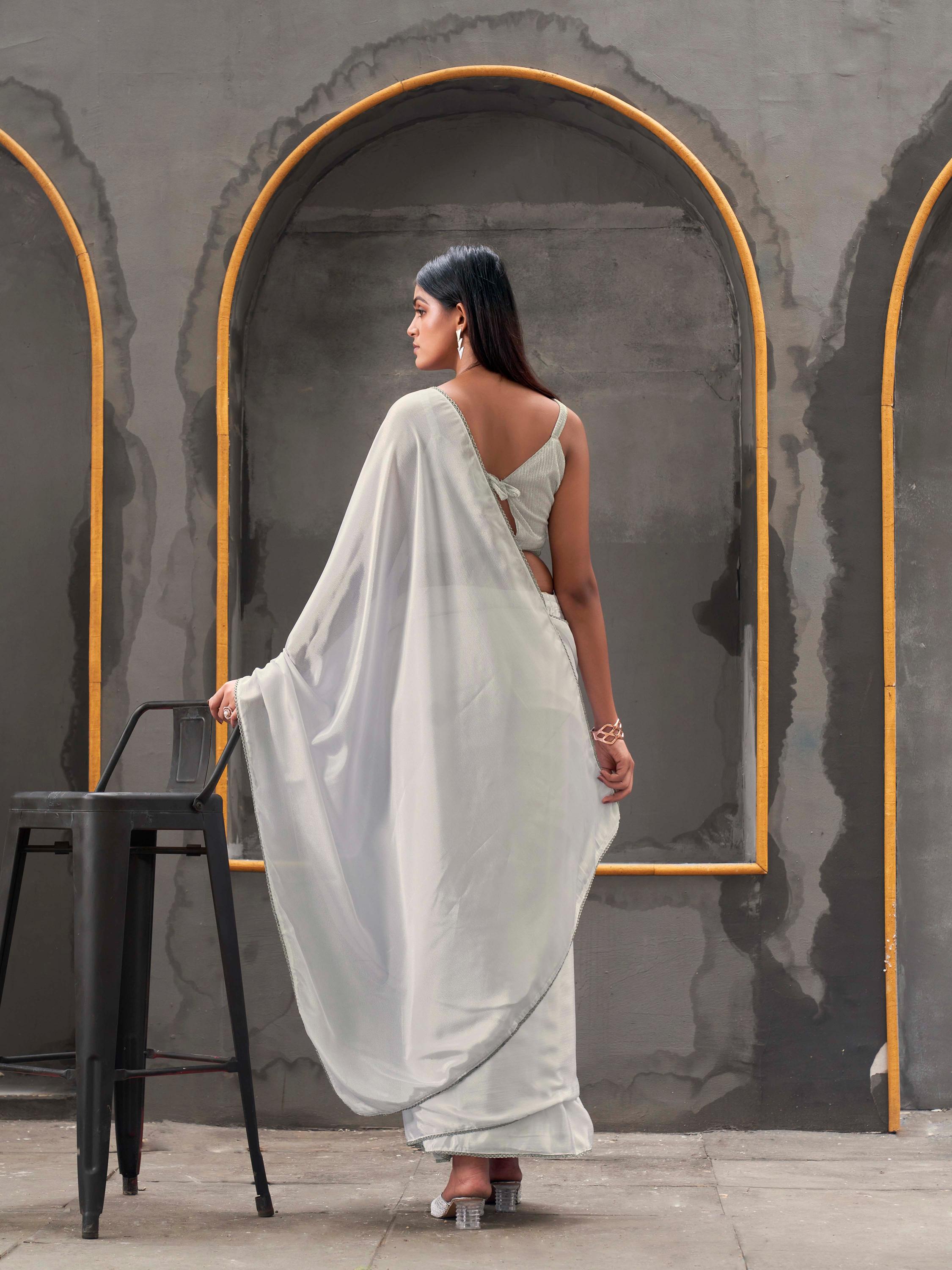 Ready to wear White colored chinon saree with embellished lace