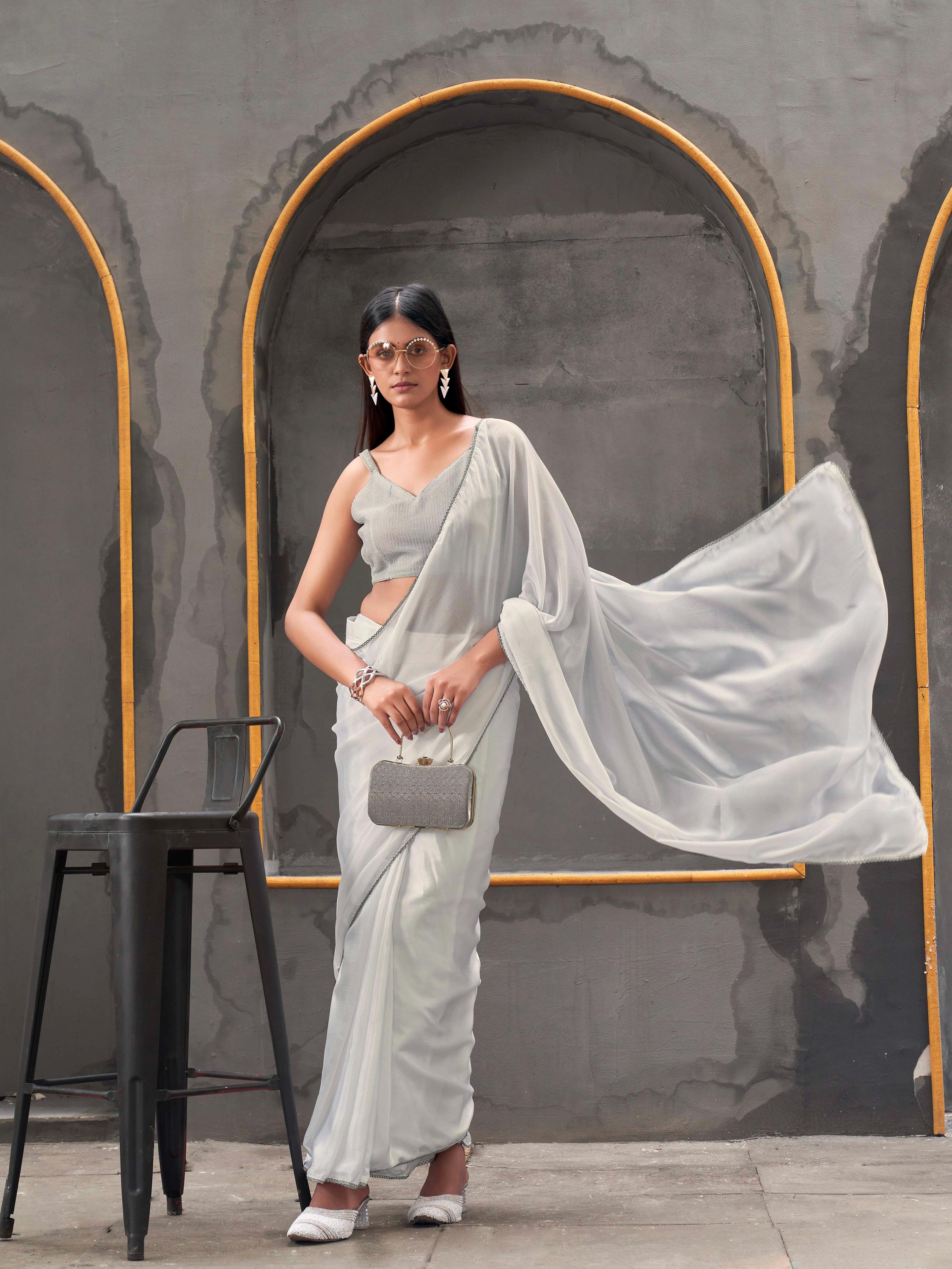 Ready to wear White colored chinon saree with embellished lace