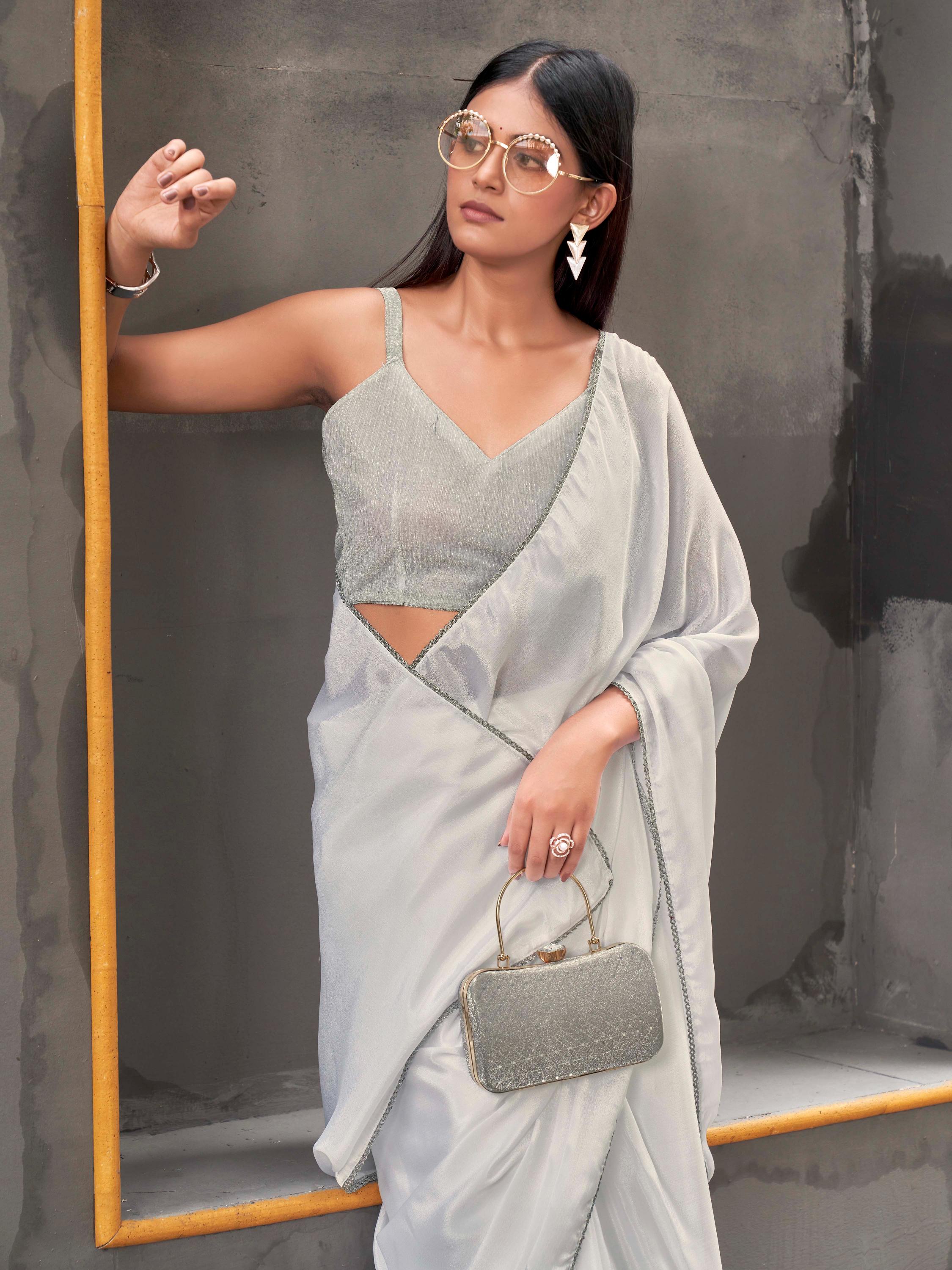 Ready to wear White colored chinon saree with embellished lace