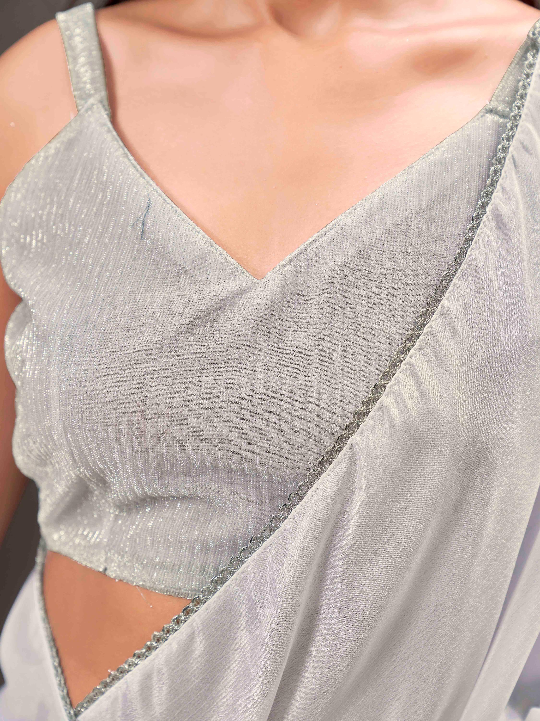 Ready to wear White colored chinon saree with embellished lace