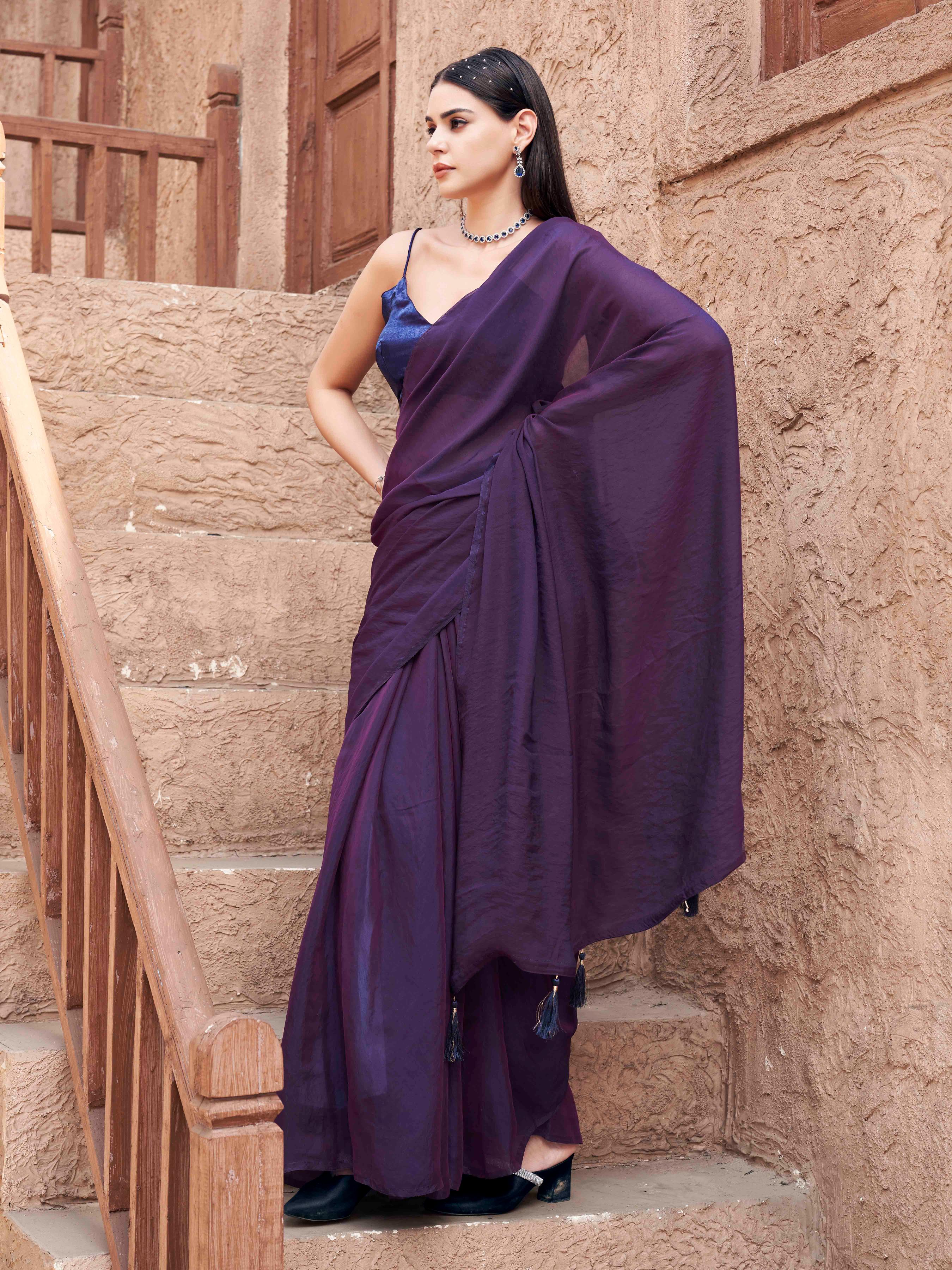 Two-way two-tone purple and blue colored  jimmychoo saree with tassels on pallu
