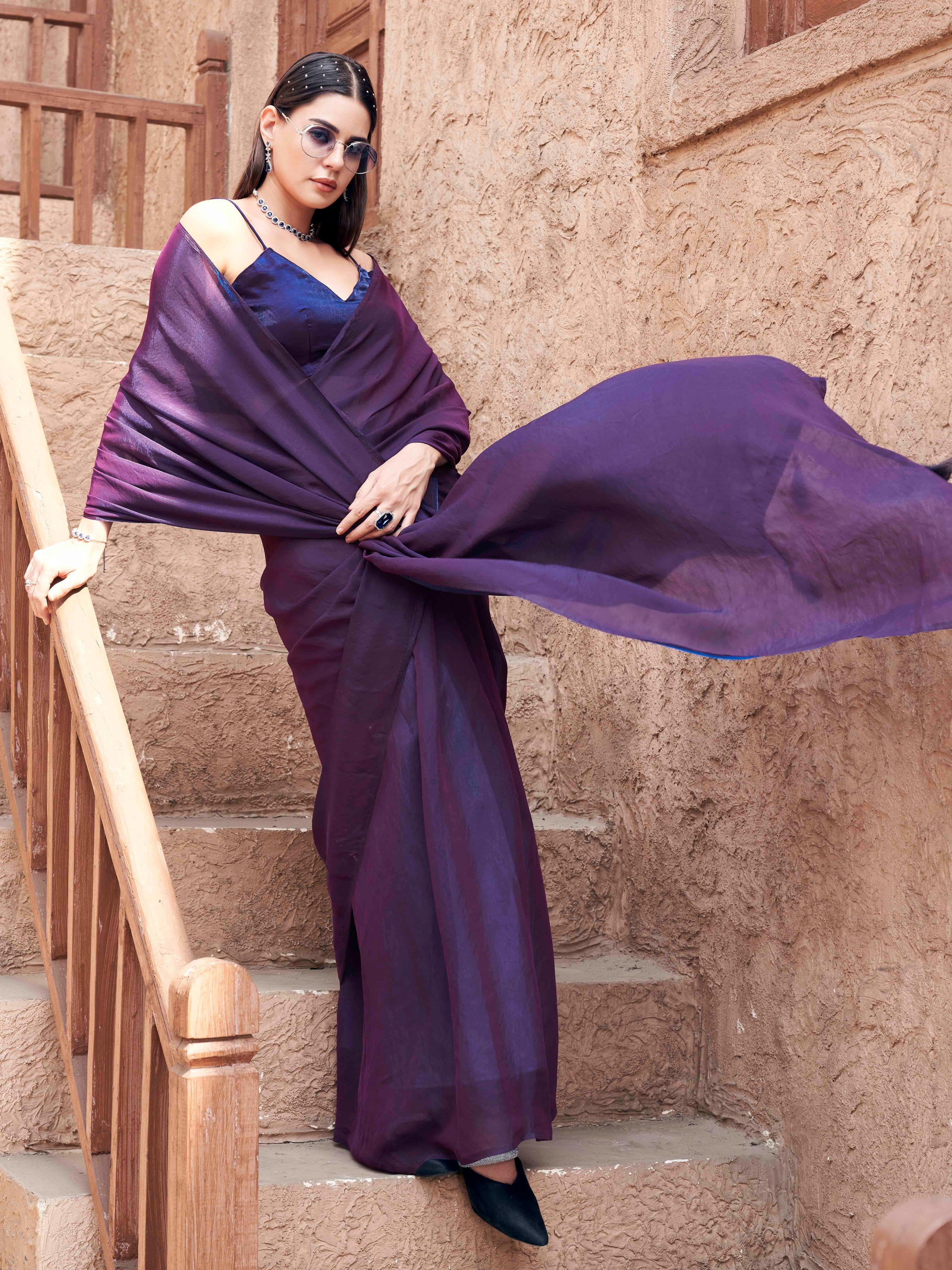 Two-way two-tone purple and blue colored  jimmychoo saree with tassels on pallu