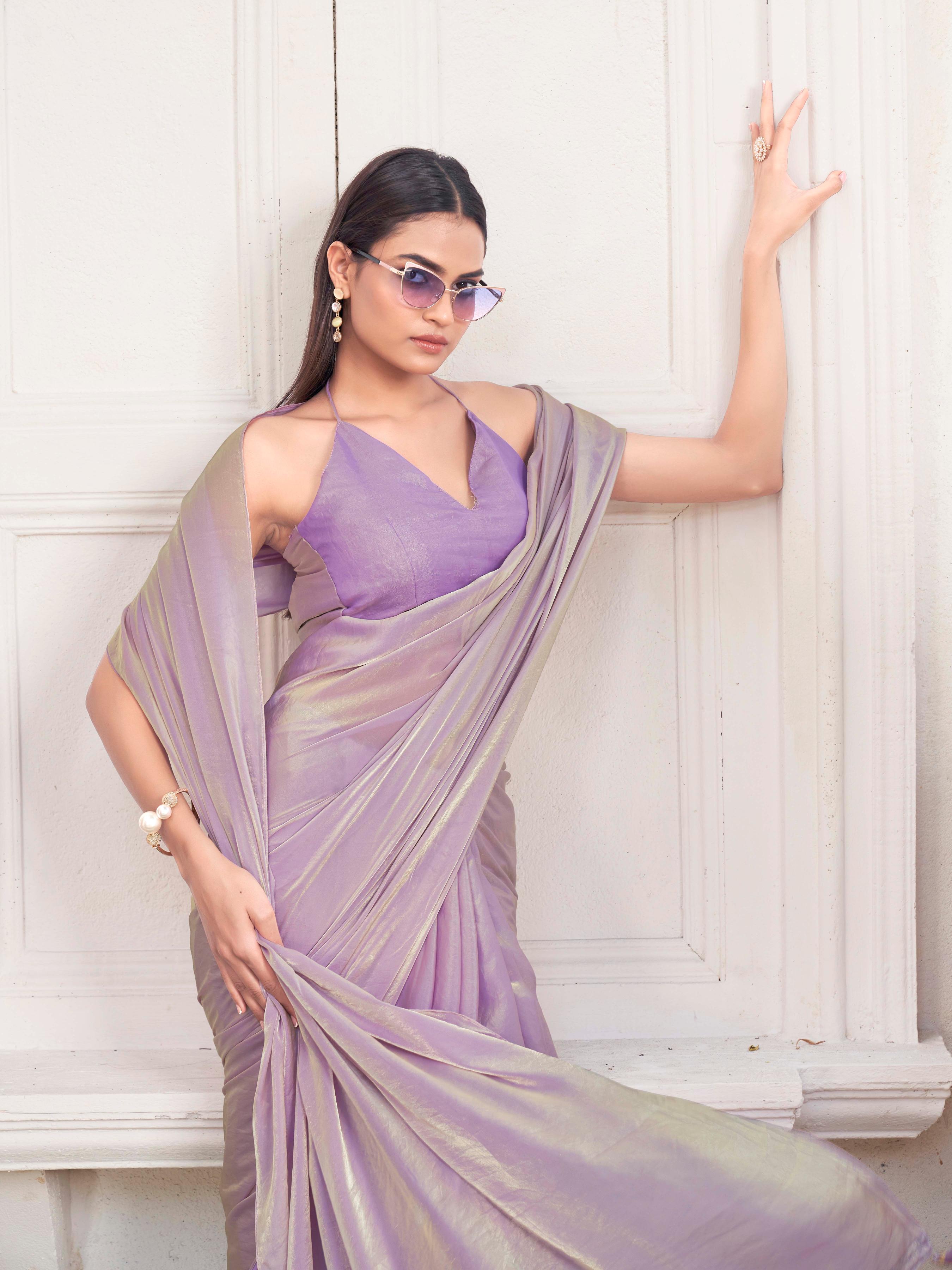 Two tone mauve and gold  colored designer jimmy choo saree with tassles on pallu